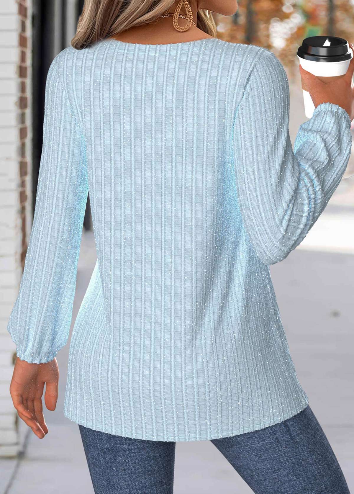 Light Blue Tummy Coverage Long Sleeve V Neck Blouse | picture 