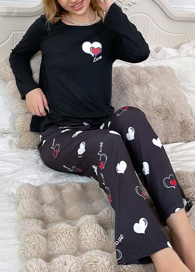 Black Heart Print Long Sleeve Lounge Top and Pants | picture 