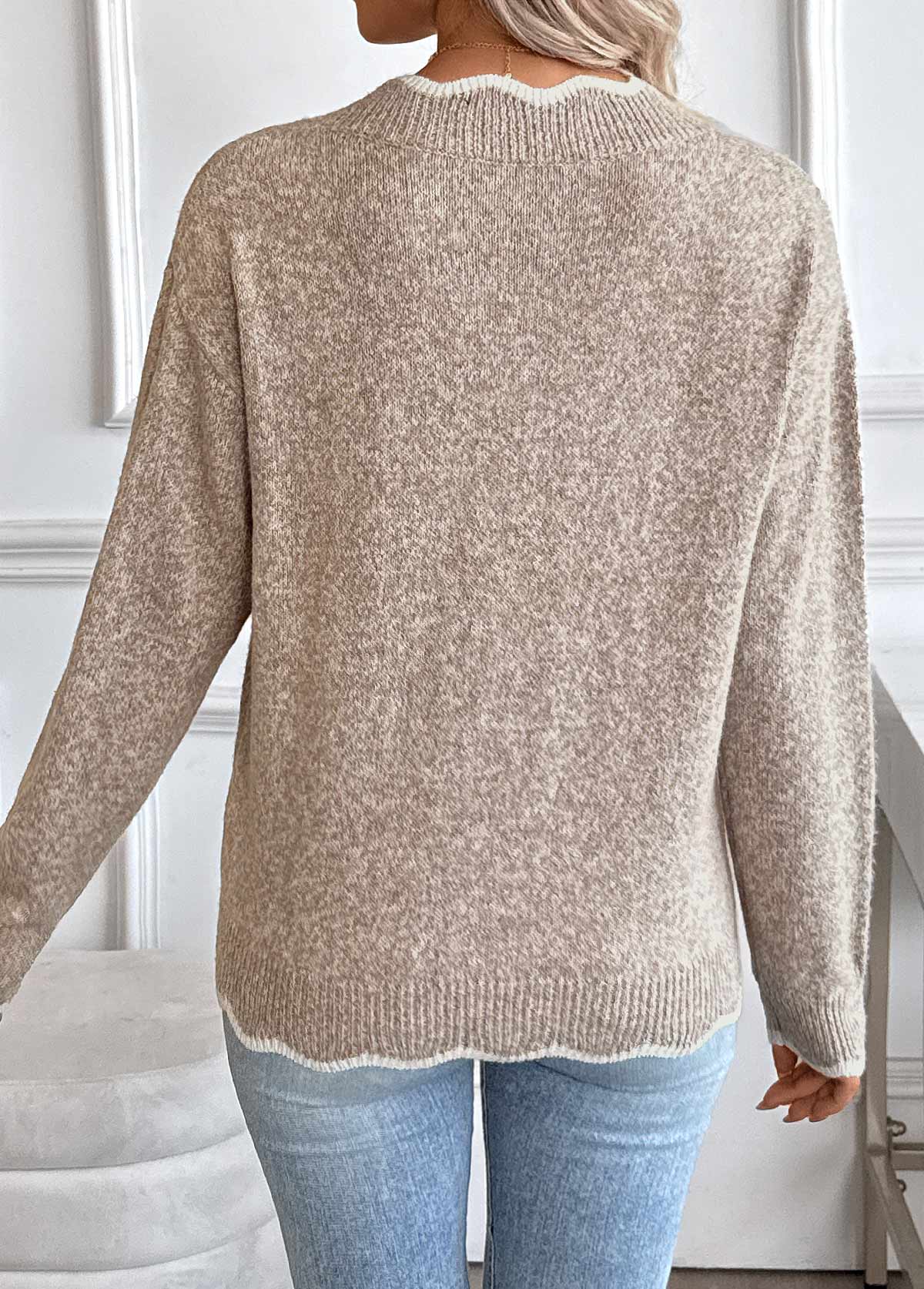 Light Camel Tummy Coverage Long Sleeve V Neck Sweater | picture 