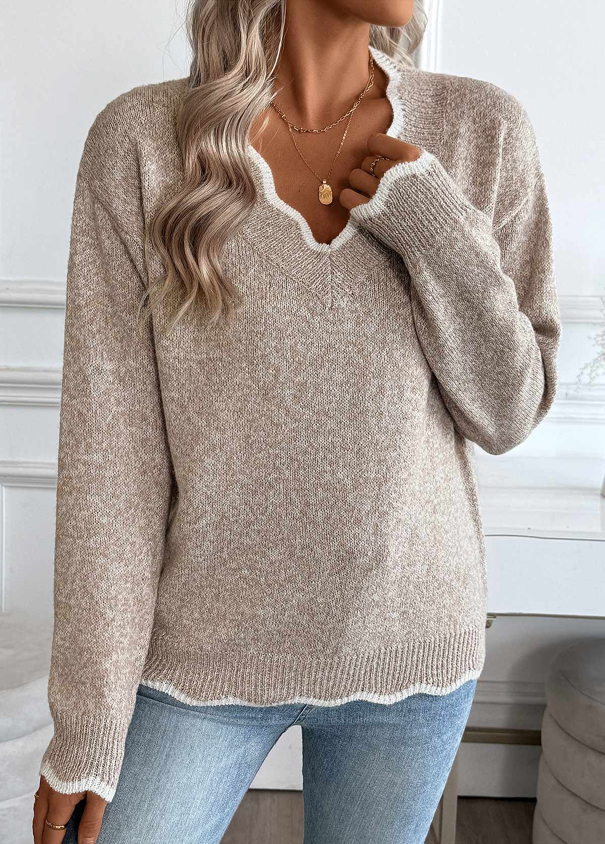 Light Camel Tummy Coverage Long Sleeve V Neck Sweater | picture 