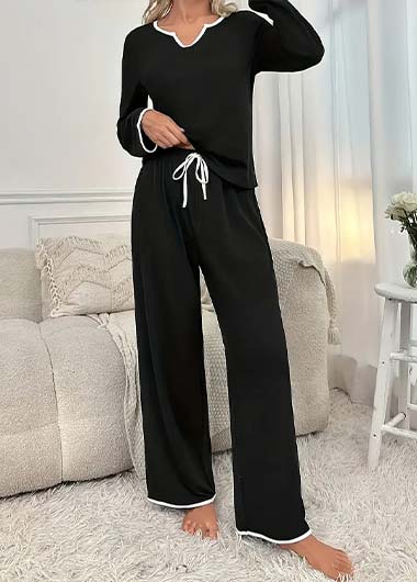 Black Long Sleeve V Neck Lounge Top and Pants | picture 