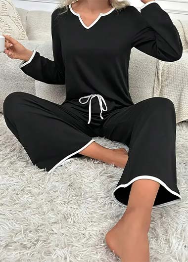Black Long Sleeve V Neck Lounge Top and Pants | picture 