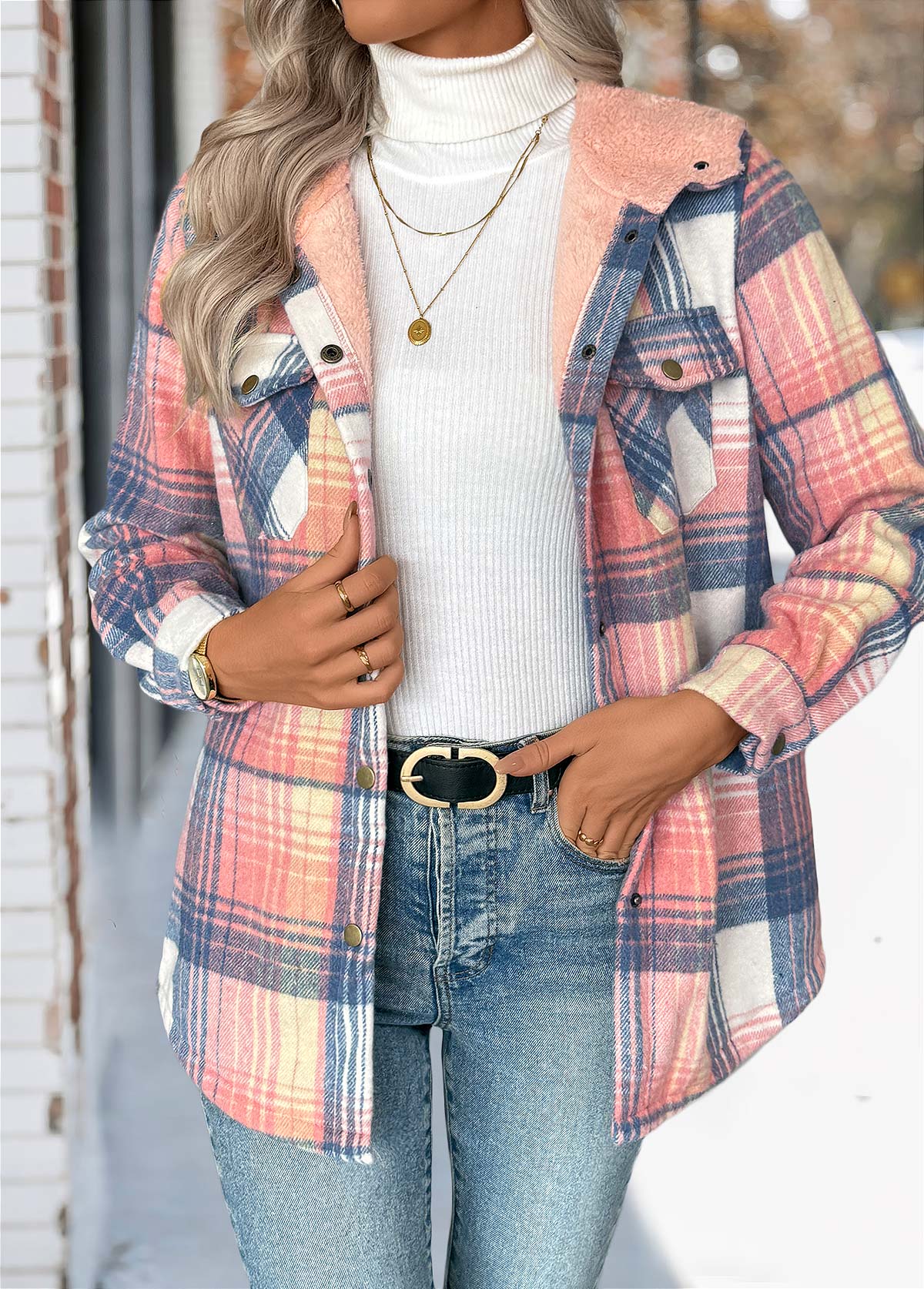 Pink Tummy Coverage Plaid Long Sleeve Hooded Coat | picture 