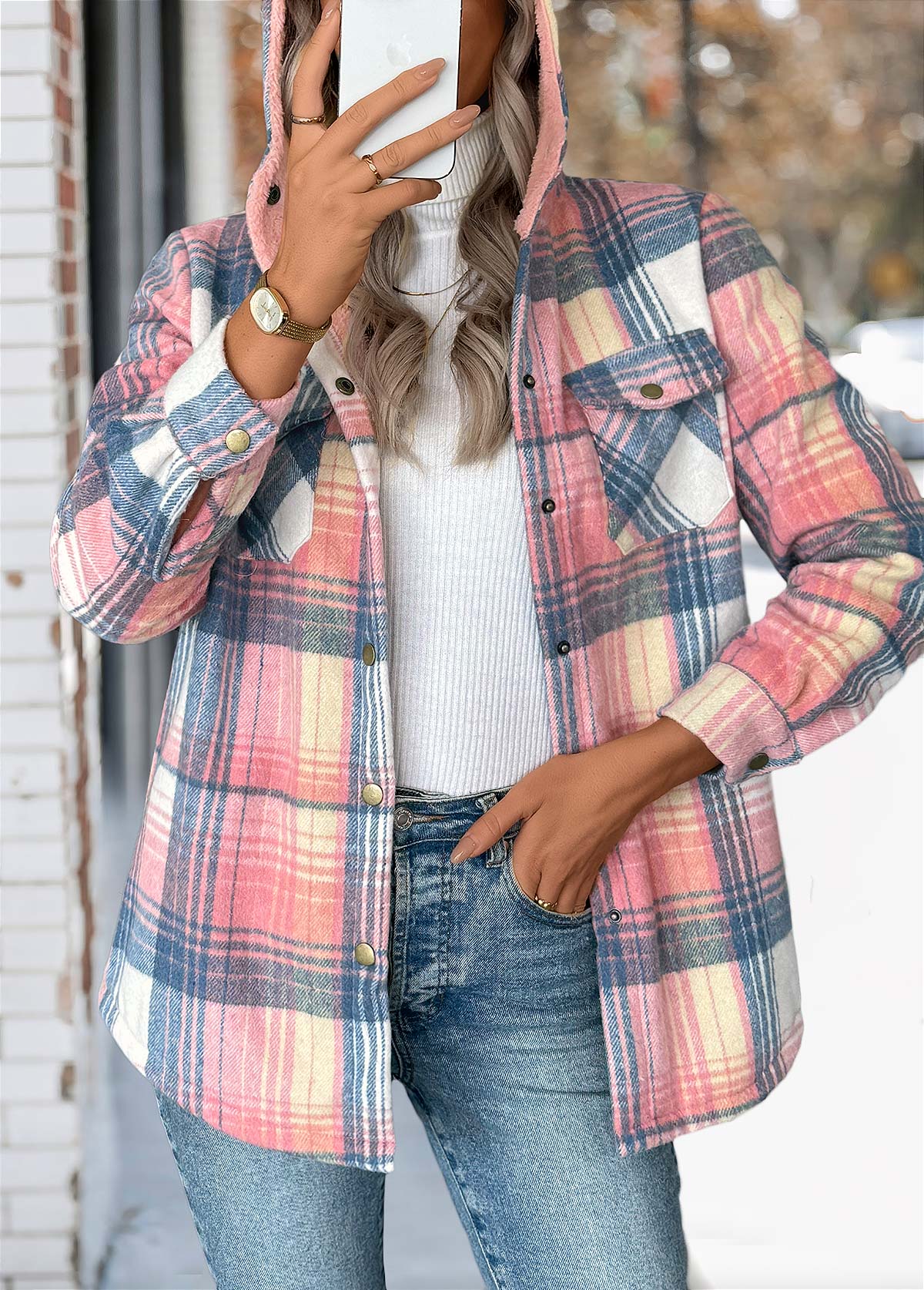 Pink Tummy Coverage Plaid Long Sleeve Hooded Coat | picture 