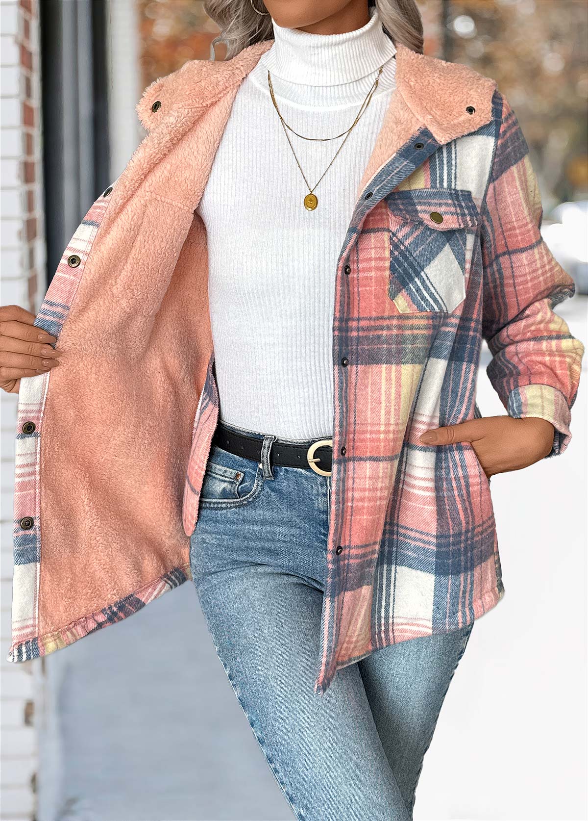 Pink Tummy Coverage Plaid Long Sleeve Hooded Coat | picture 