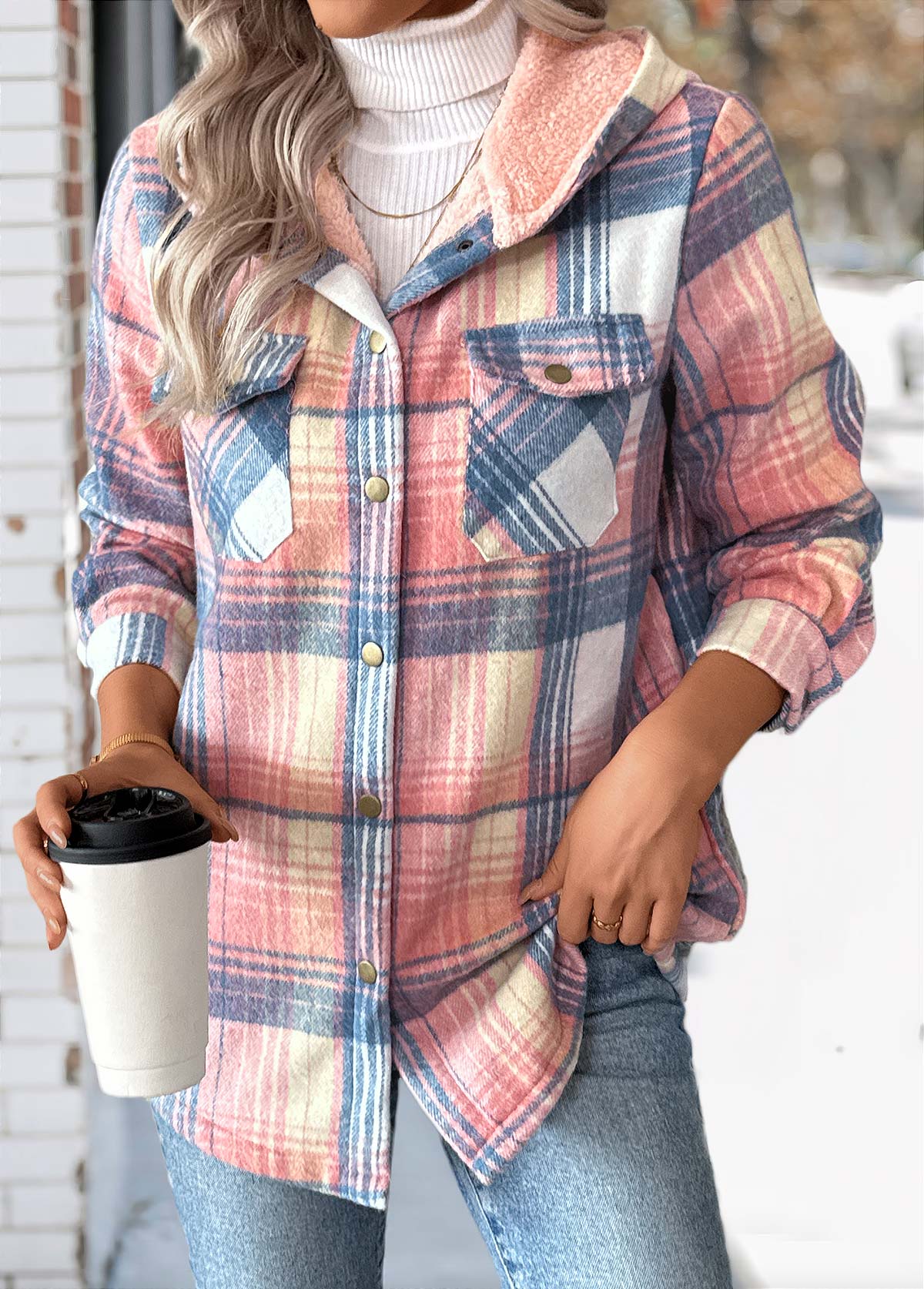 Pink Tummy Coverage Plaid Long Sleeve Hooded Coat | picture 