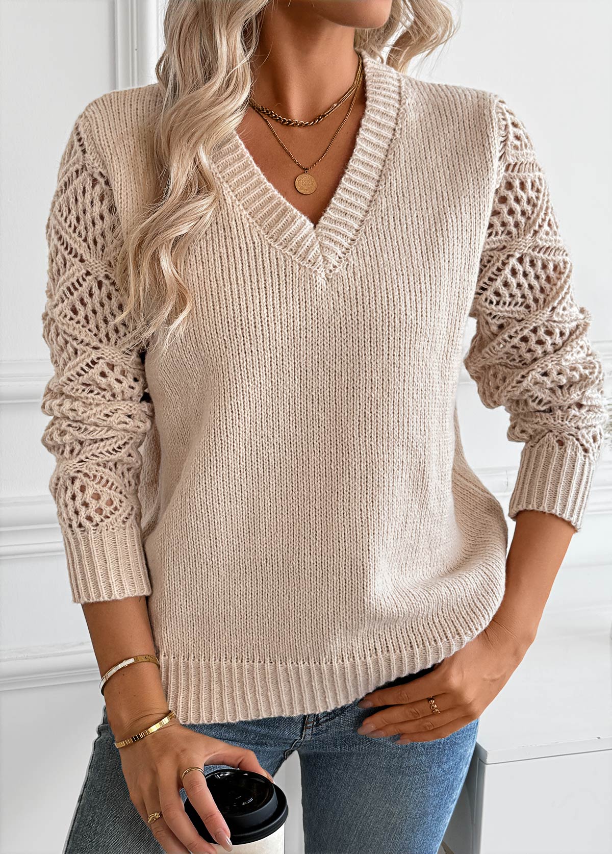 Light Camel Tummy Coverage Long Sleeve V Neck Sweater | picture 