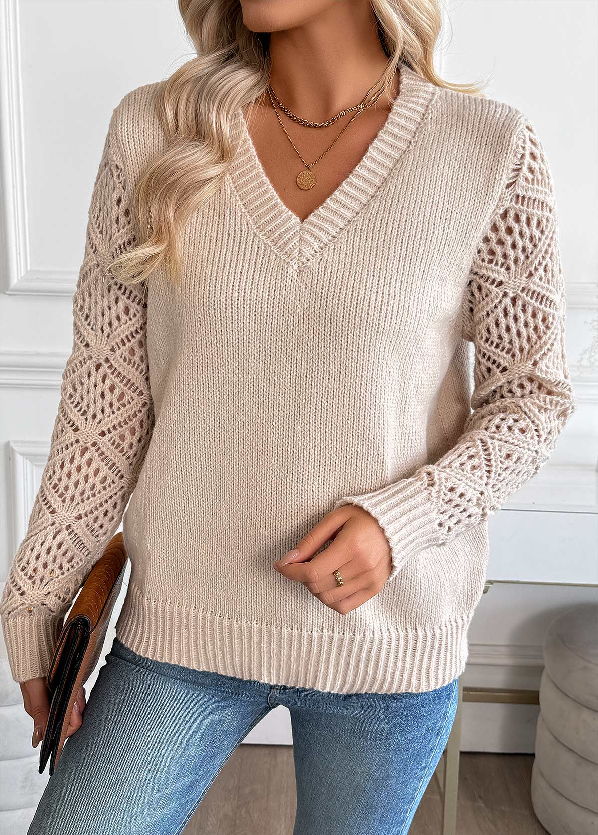Light Camel Tummy Coverage Long Sleeve V Neck Sweater | picture 