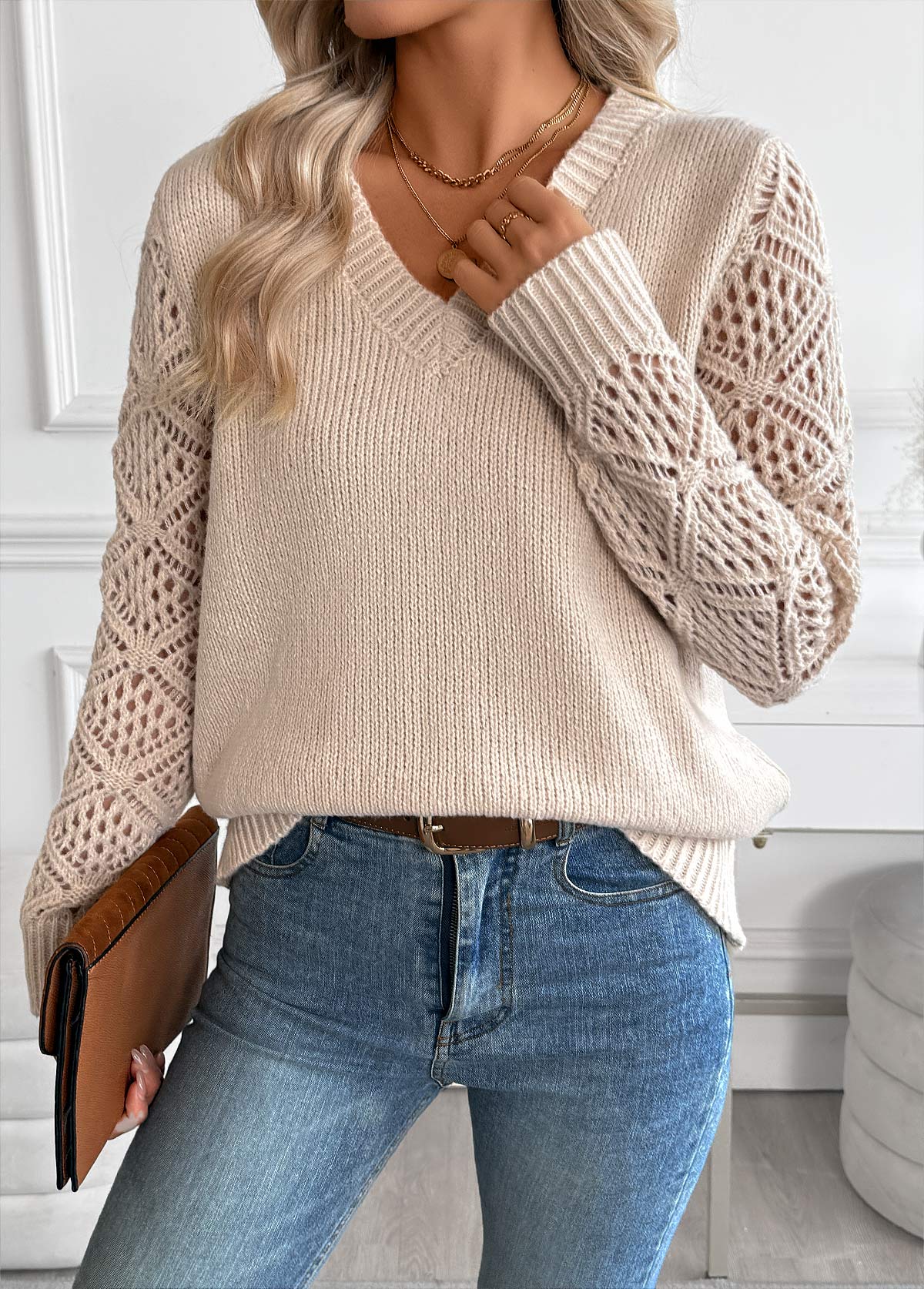 Light Camel Tummy Coverage Long Sleeve V Neck Sweater | picture 