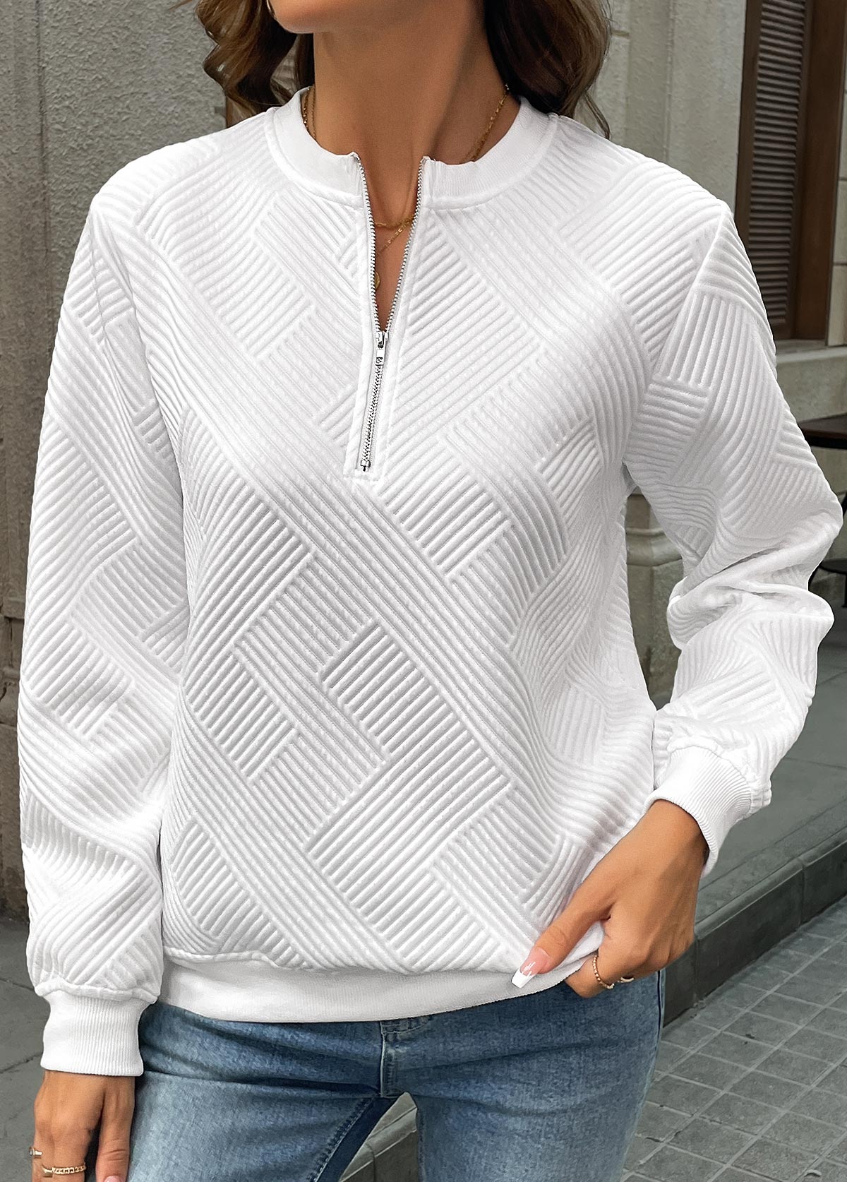 White Zipper Long Sleeve Round Neck Sweatshirt | picture 