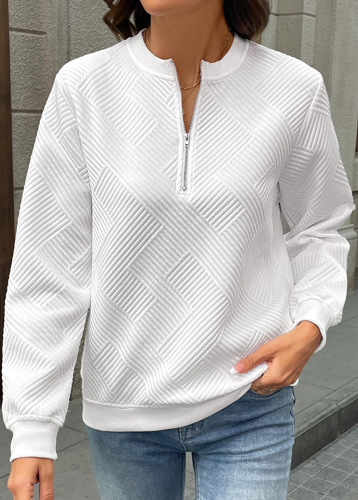 White Zipper Long Sleeve Round Neck Sweatshirt | picture 