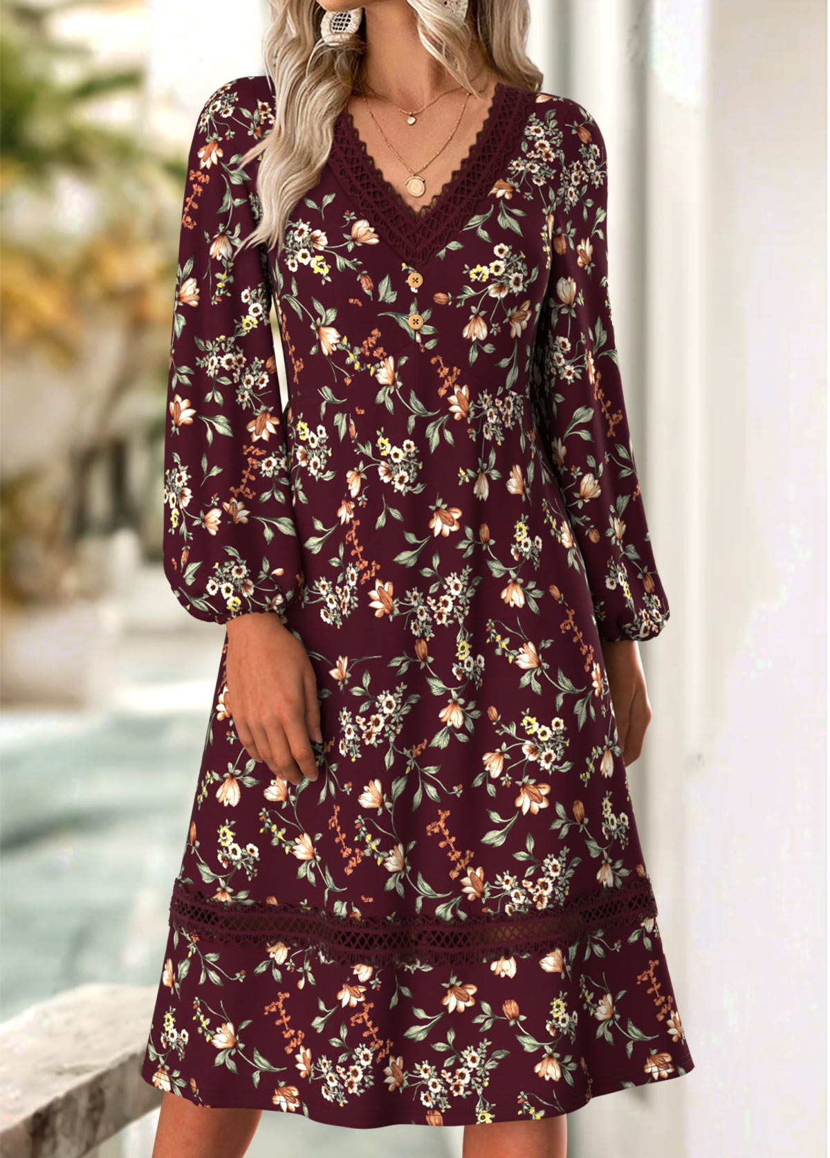 Deep Red Floral Print Long Sleeve V Neck Dress | picture 