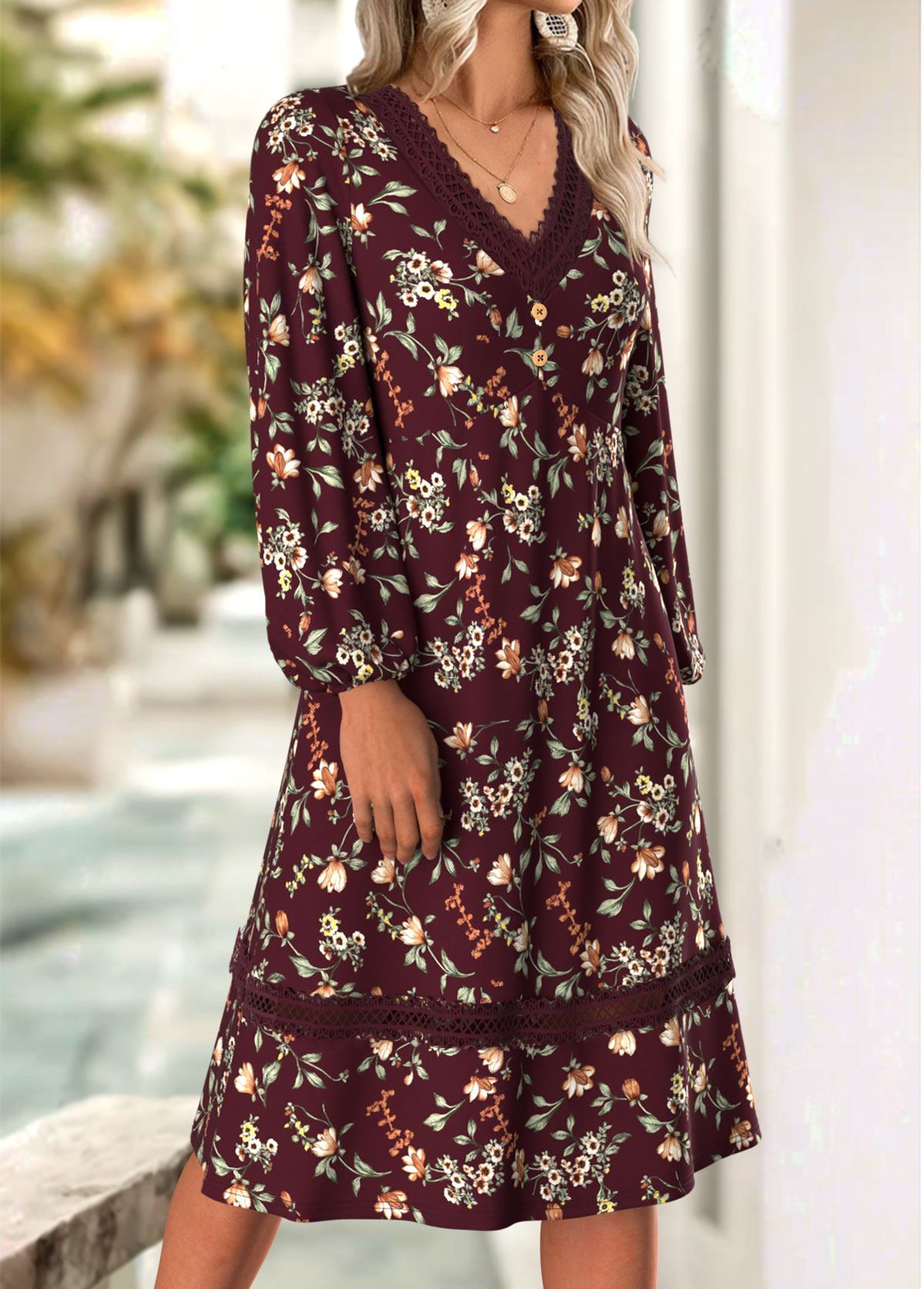 Deep Red Floral Print Long Sleeve V Neck Dress | picture 