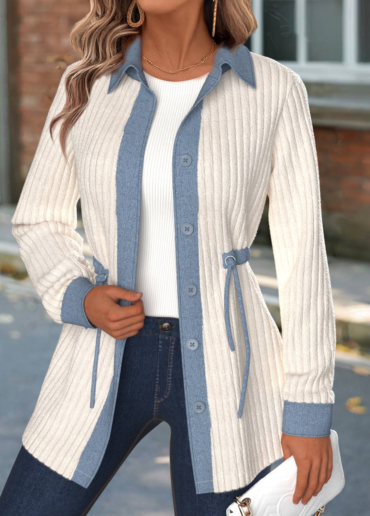 Beige Tummy Coverage Long Sleeve Shirt Collar Coat | picture 