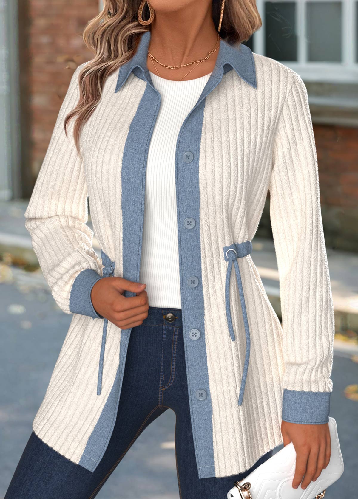 Beige Tummy Coverage Long Sleeve Shirt Collar Coat | picture 