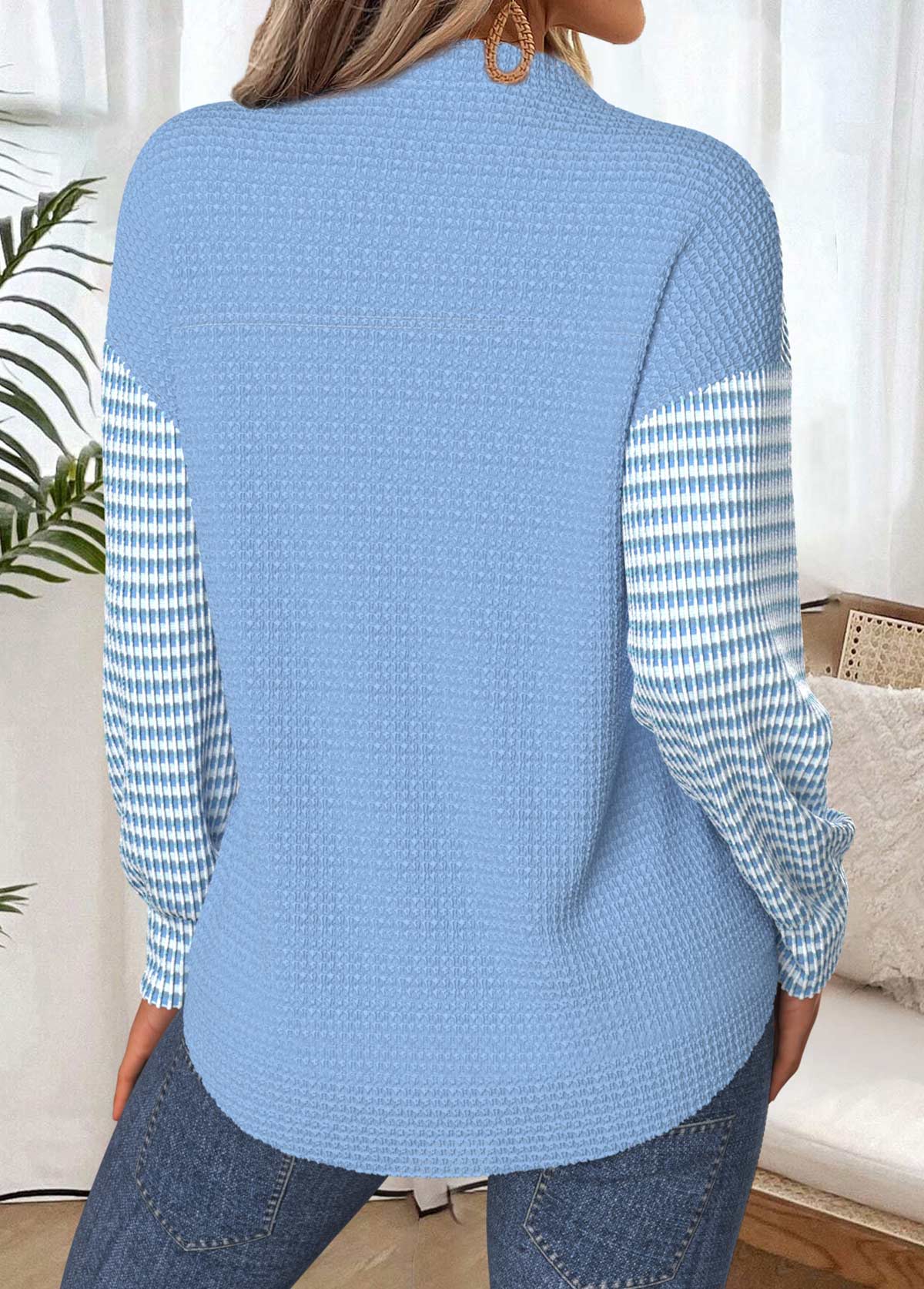 Light Blue Tummy Coverage Long Sleeve Split Neck Sweatshirt | picture 