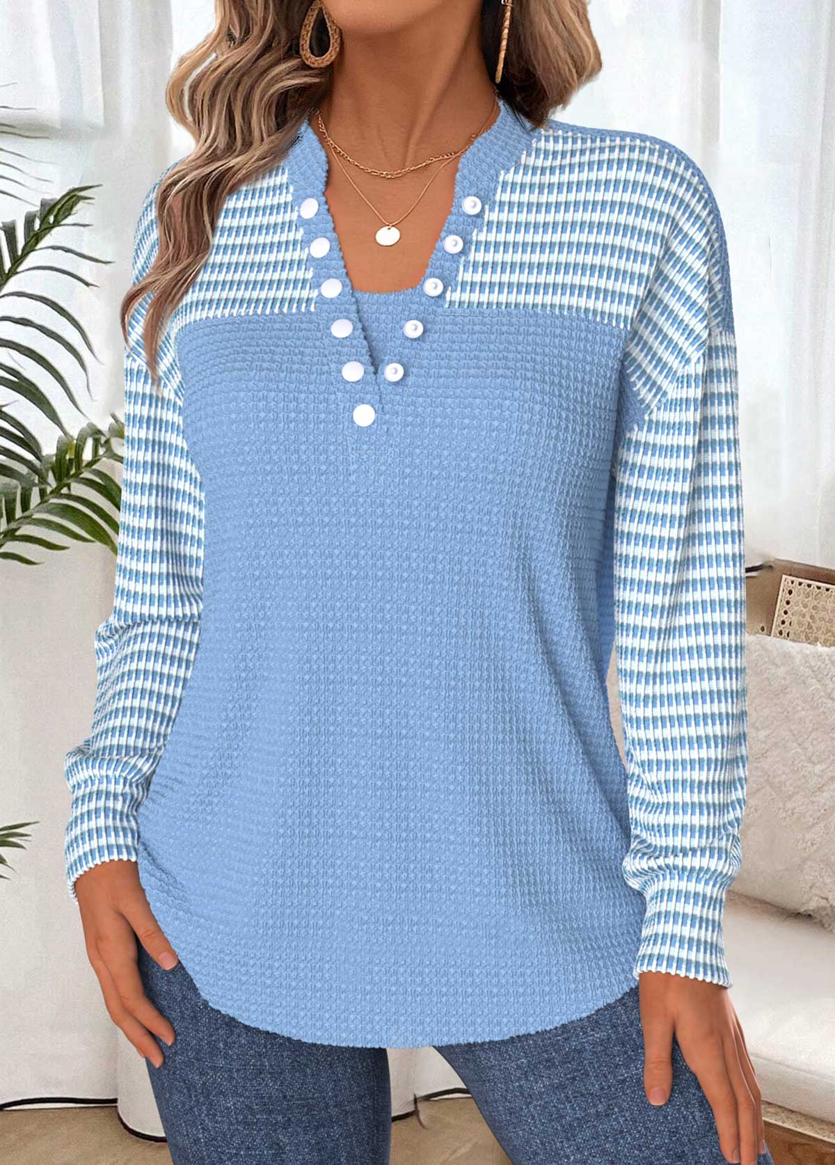 Light Blue Tummy Coverage Long Sleeve Split Neck Sweatshirt | picture 