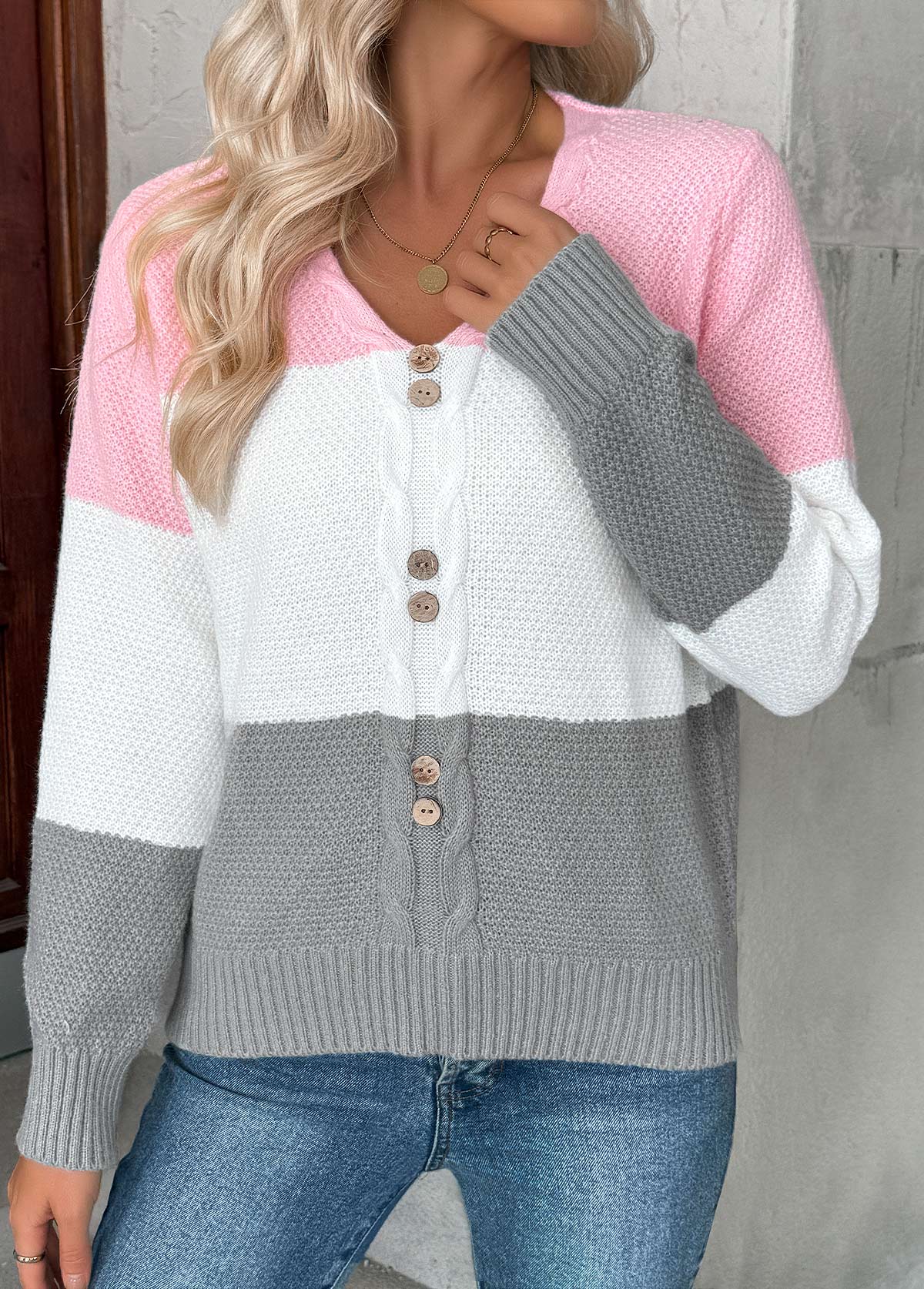 Pink Tummy Coverage Long Sleeve V Neck Sweater | picture 
