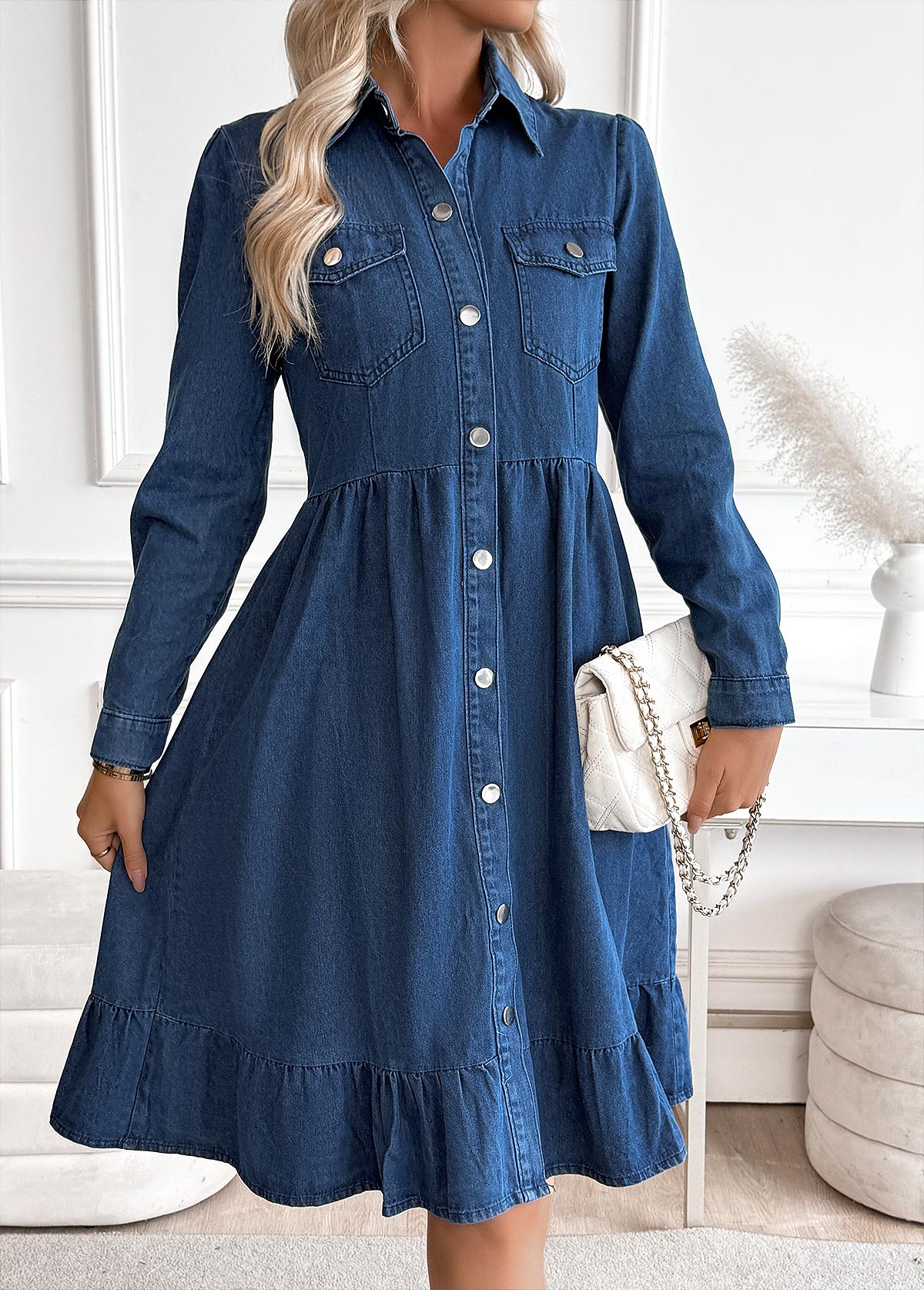 Denim Blue Tummy Coverage Long Sleeve Shirt Collar Dress | picture 