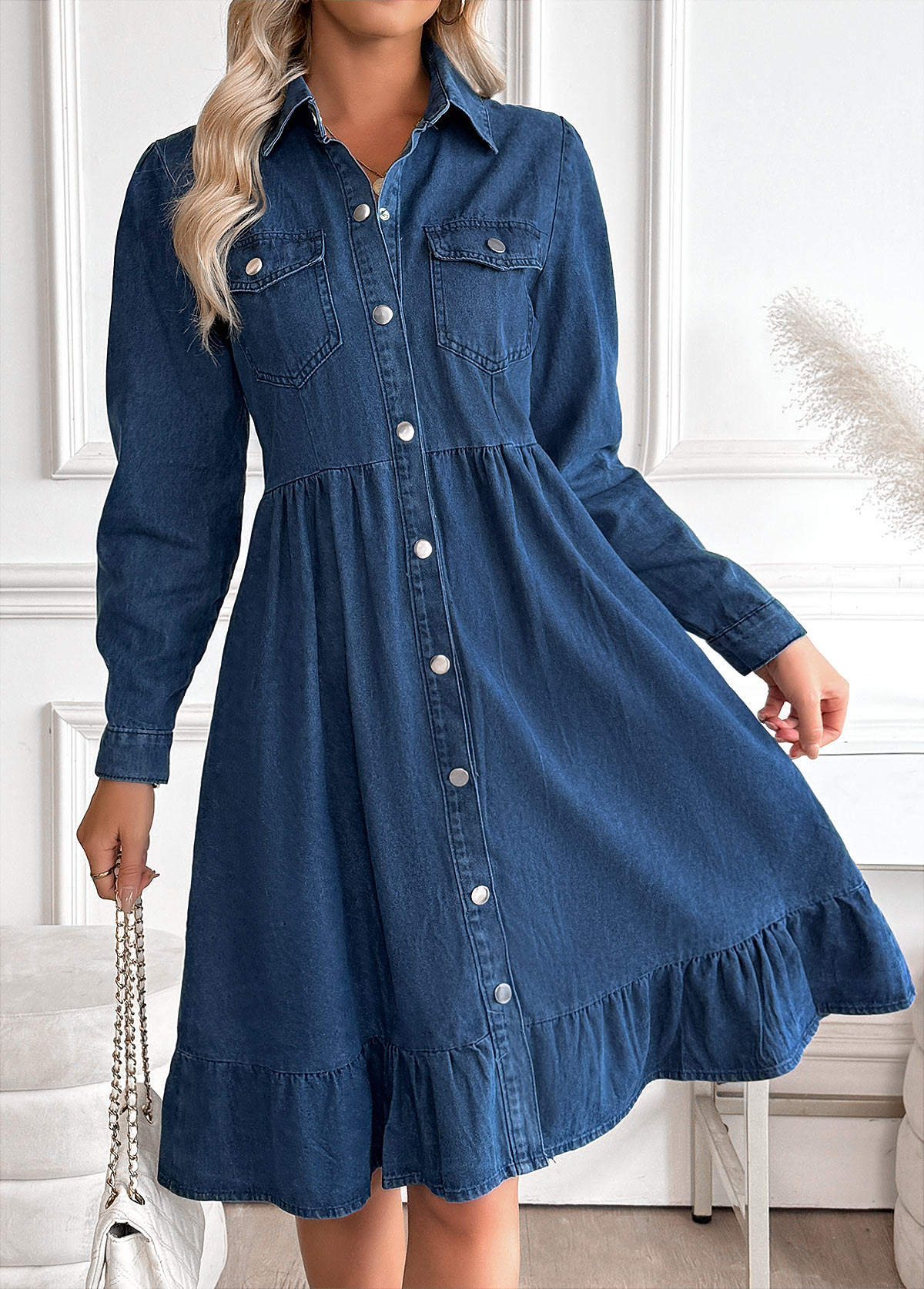 Denim Blue Tummy Coverage Long Sleeve Shirt Collar Dress | picture 