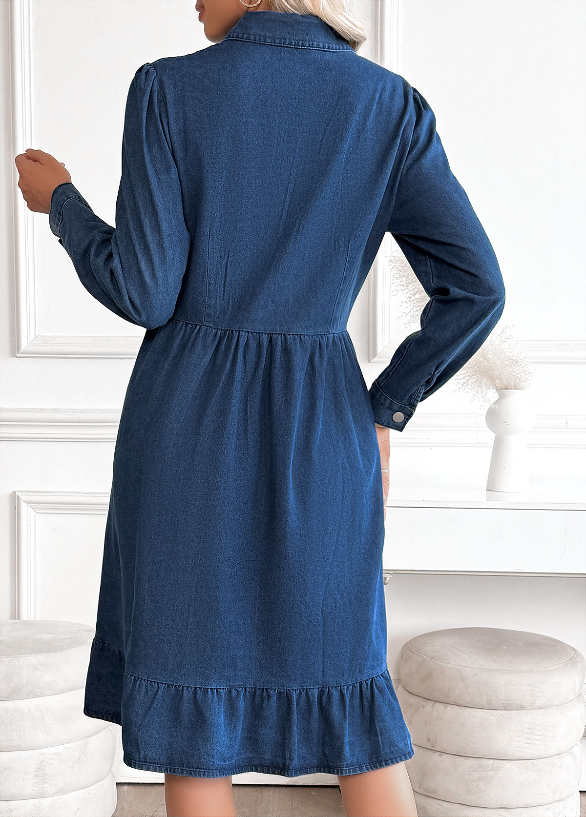 Denim Blue Tummy Coverage Long Sleeve Shirt Collar Dress | picture 