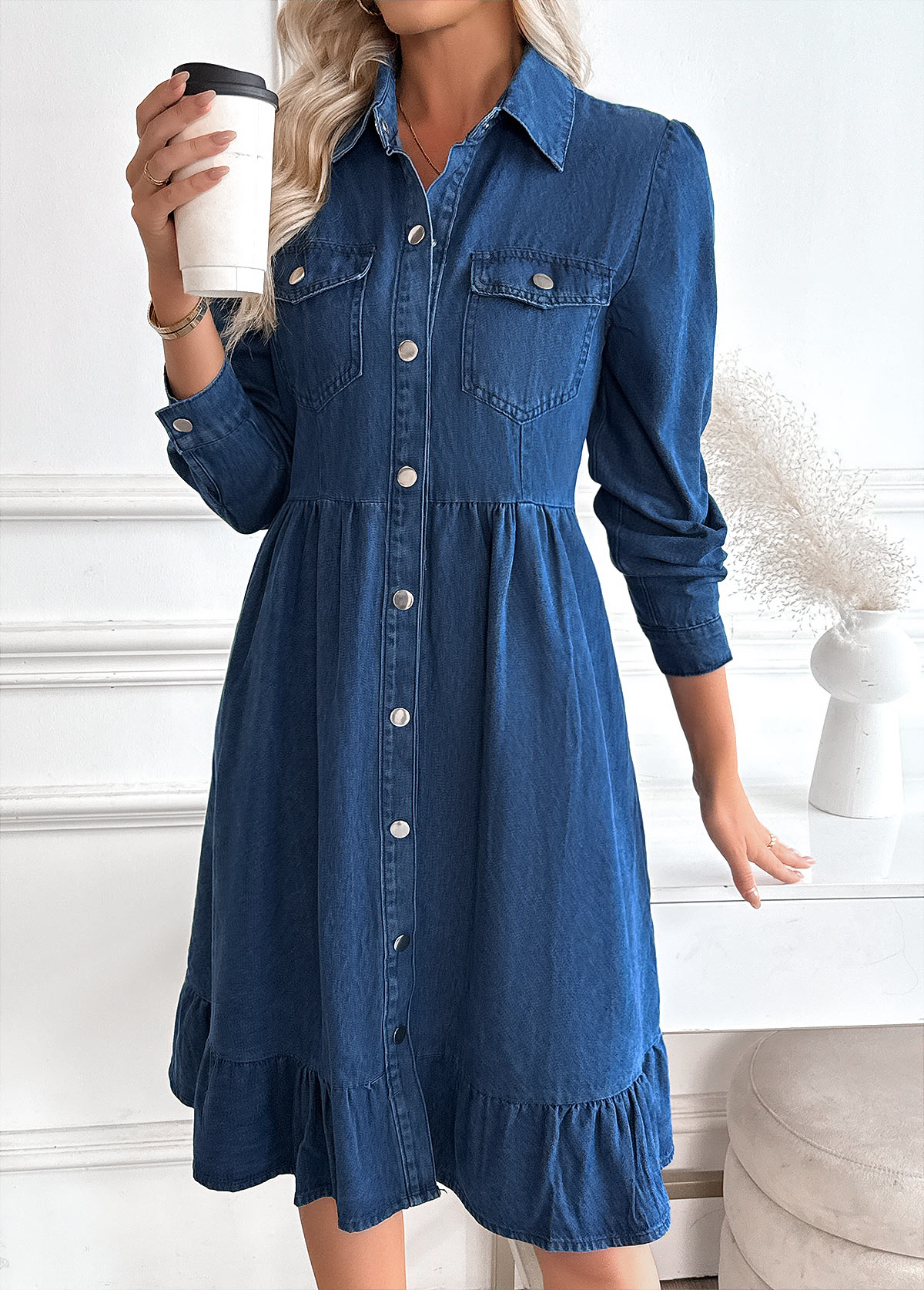 Denim Blue Tummy Coverage Long Sleeve Shirt Collar Dress | picture 