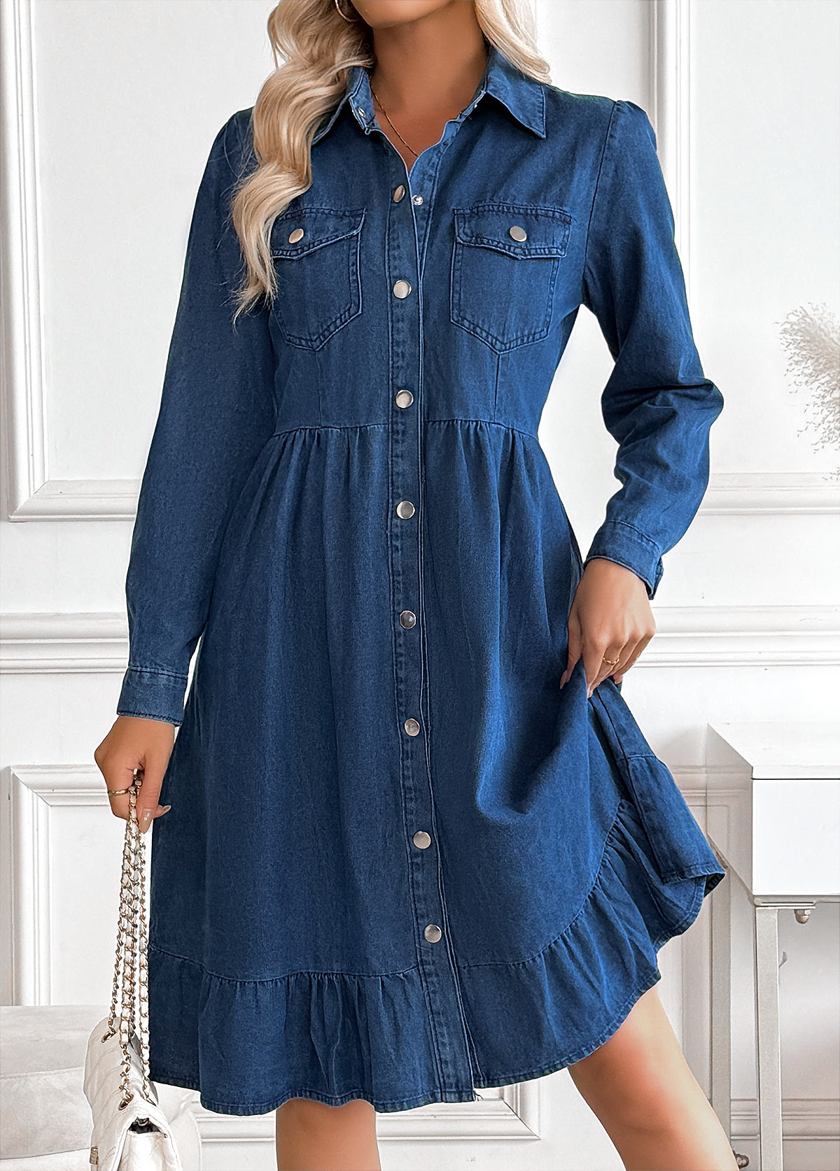 Denim Blue Tummy Coverage Long Sleeve Shirt Collar Dress | picture 