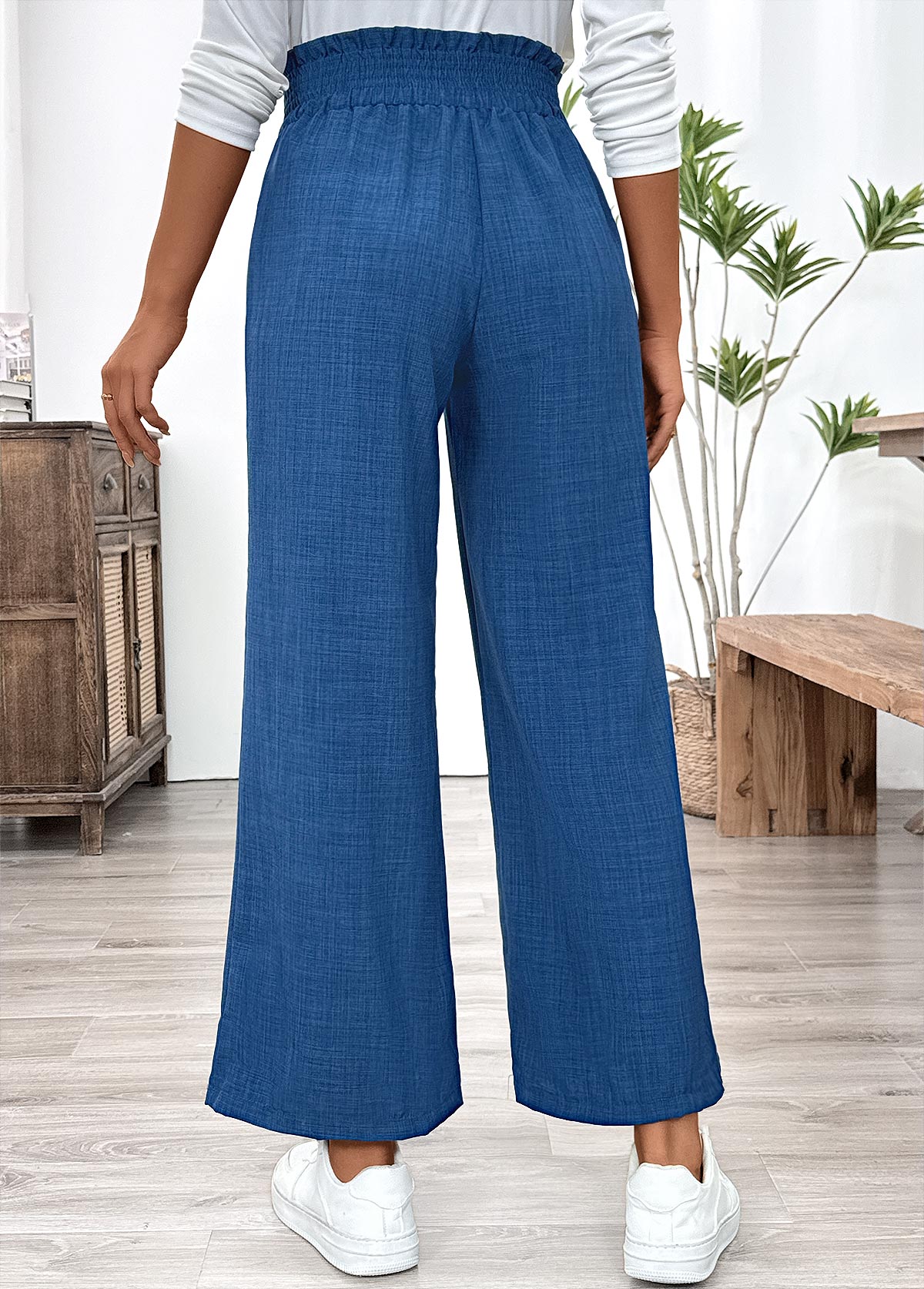 Blue Wide Leg Elastic Waist High Waisted Pants | picture 