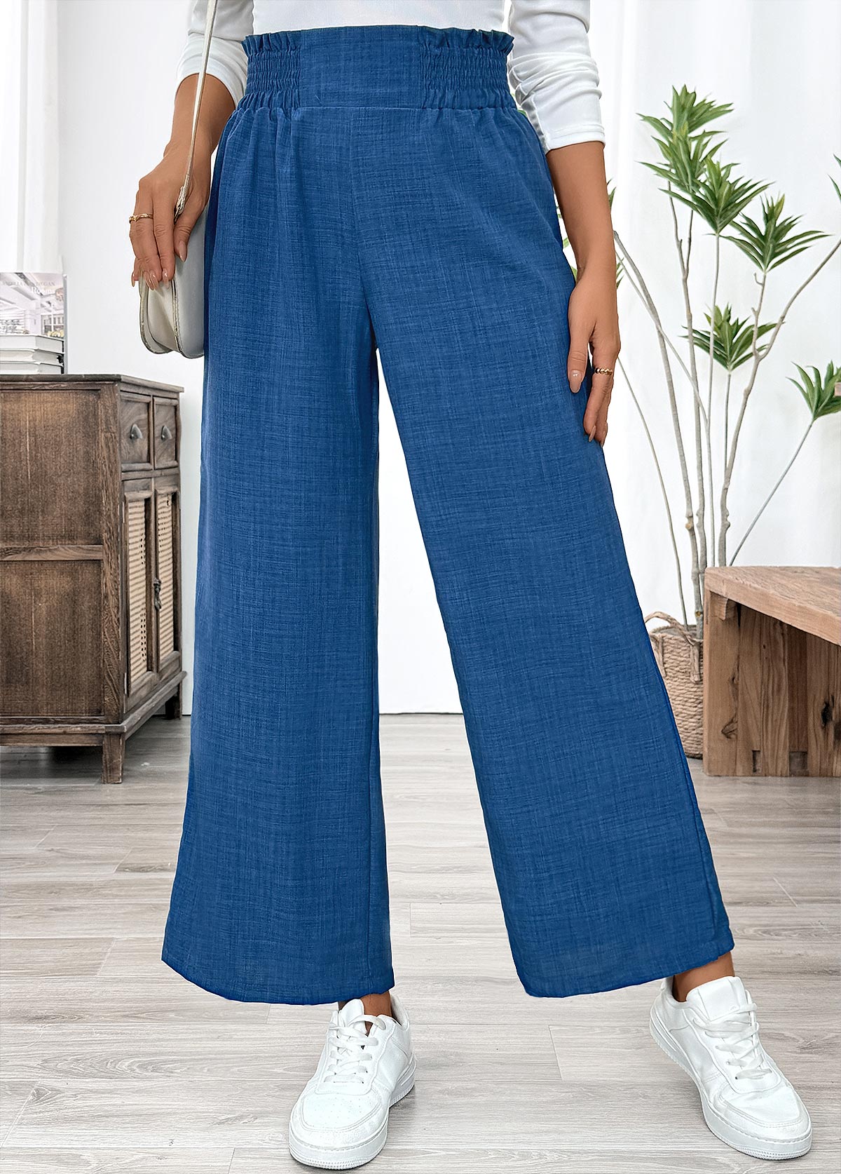 Blue Wide Leg Elastic Waist High Waisted Pants | picture 