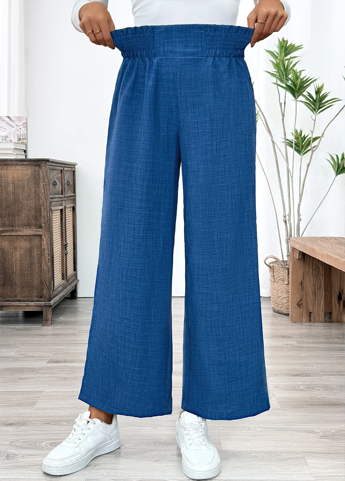 Blue Wide Leg Elastic Waist High Waisted Pants | picture 