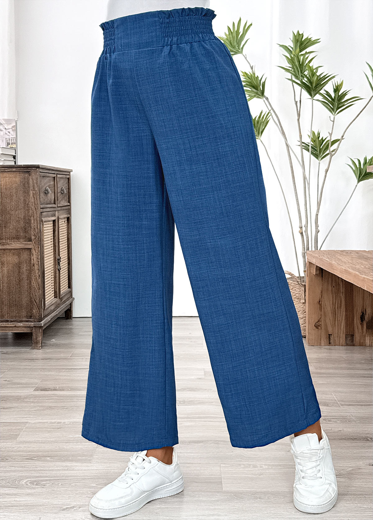Blue Wide Leg Elastic Waist High Waisted Pants | picture 