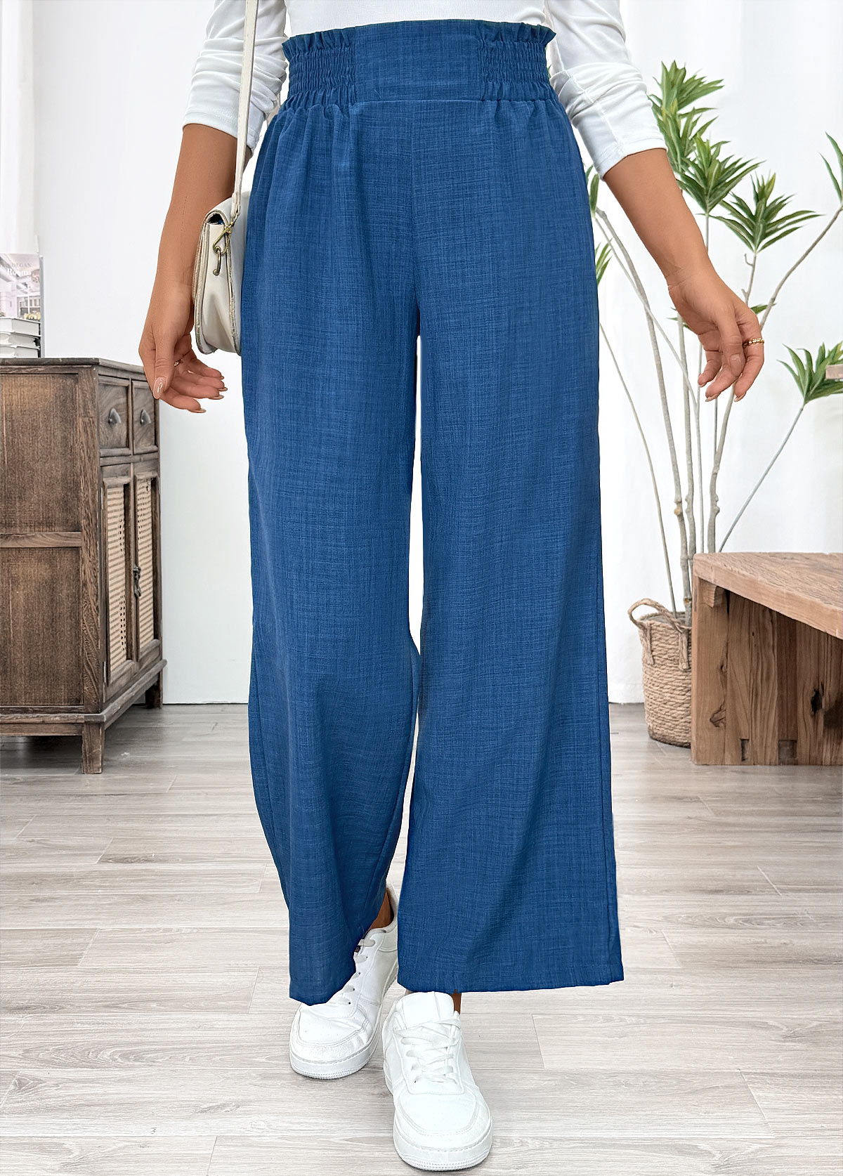 Blue Wide Leg Elastic Waist High Waisted Pants | picture 