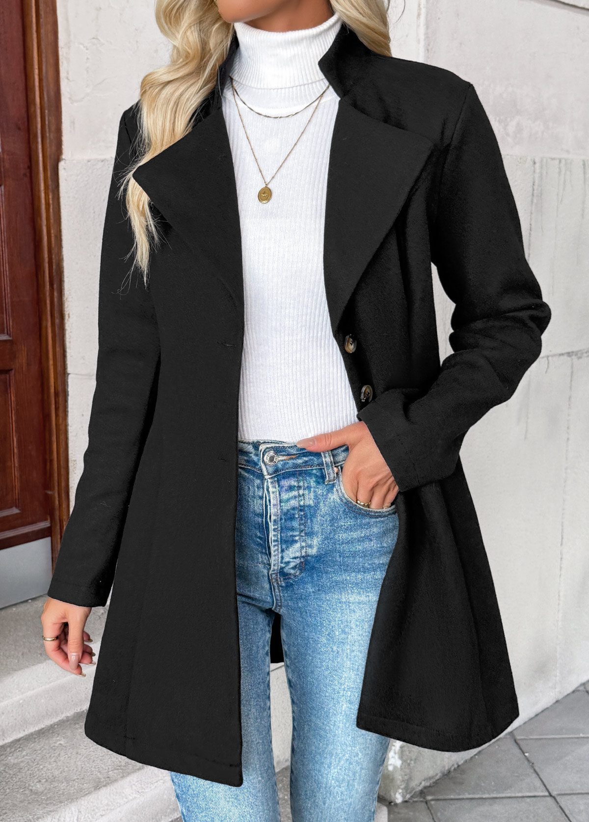 Black Tummy Coverage Long Sleeve Lapel Coat | picture 