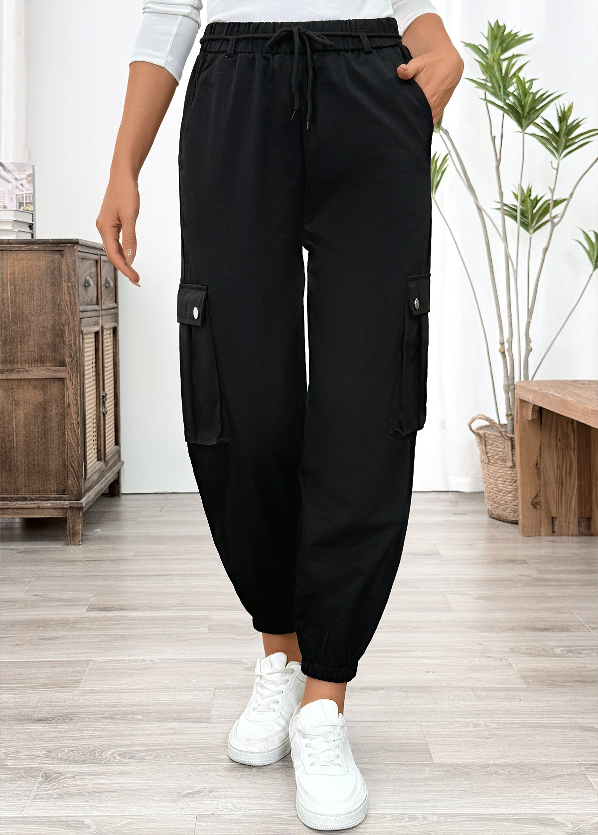Black Pocket Jogger Elastic Waist High Waisted Pants | picture 