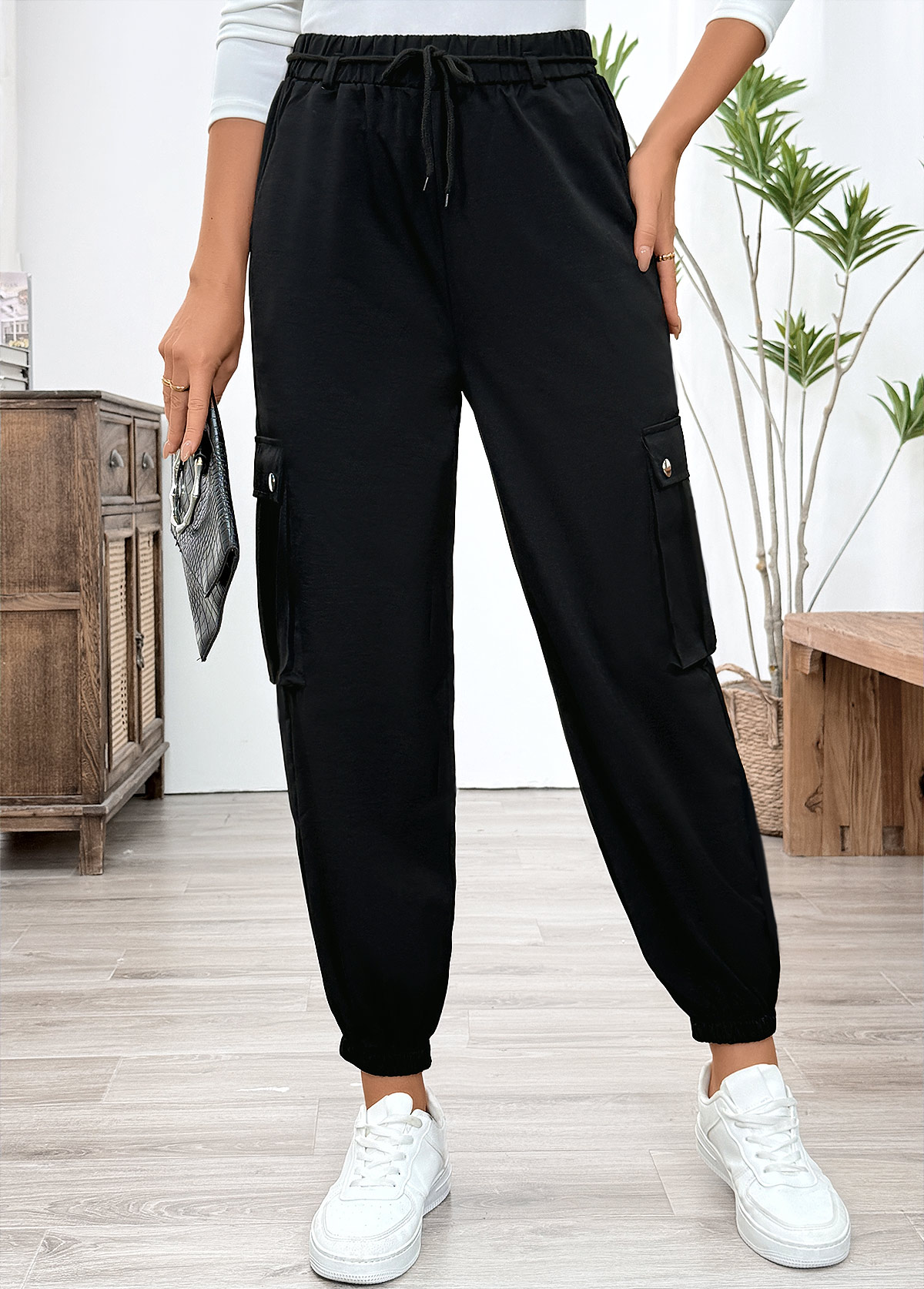 Black Pocket Jogger Elastic Waist High Waisted Pants | picture 