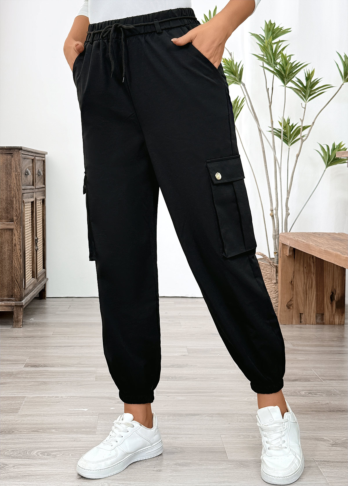 Black Pocket Jogger Elastic Waist High Waisted Pants | picture 