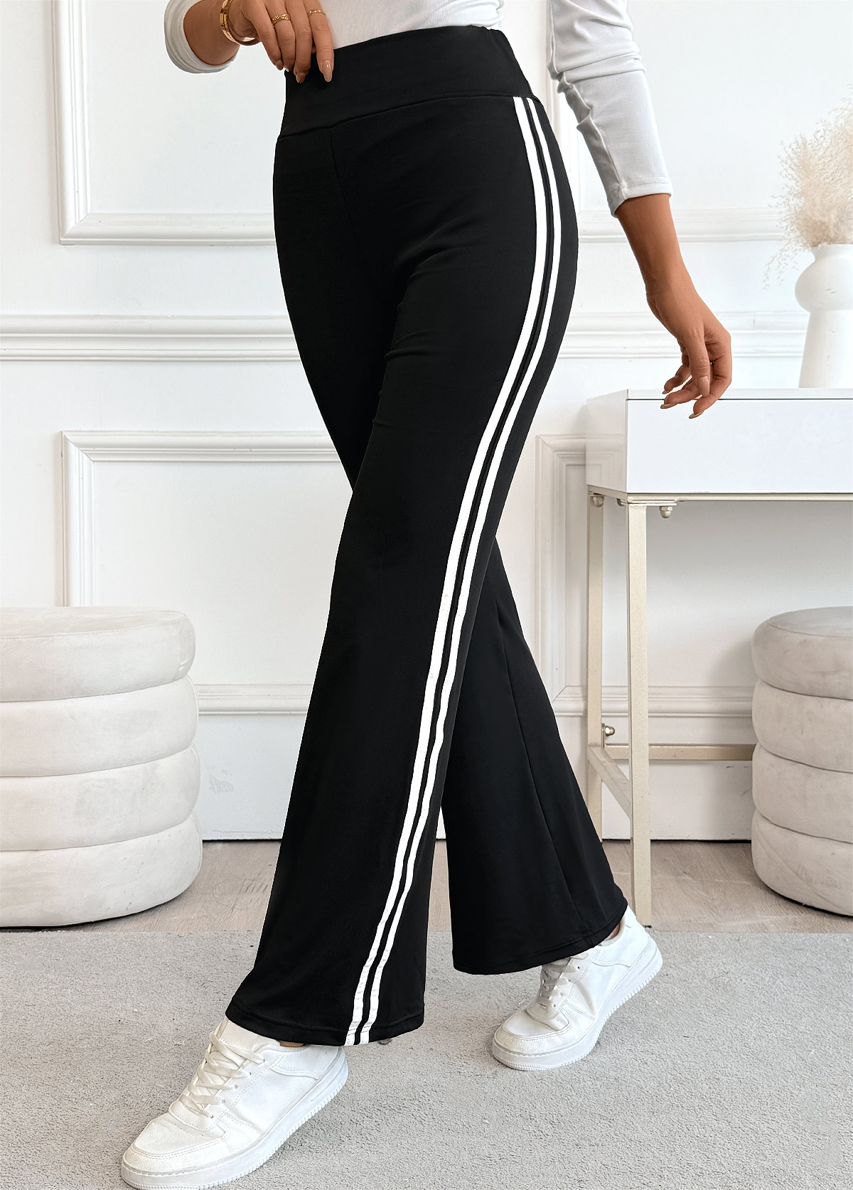 Black Striped Straight Leg Elastic Waist High Waisted Pants | picture 