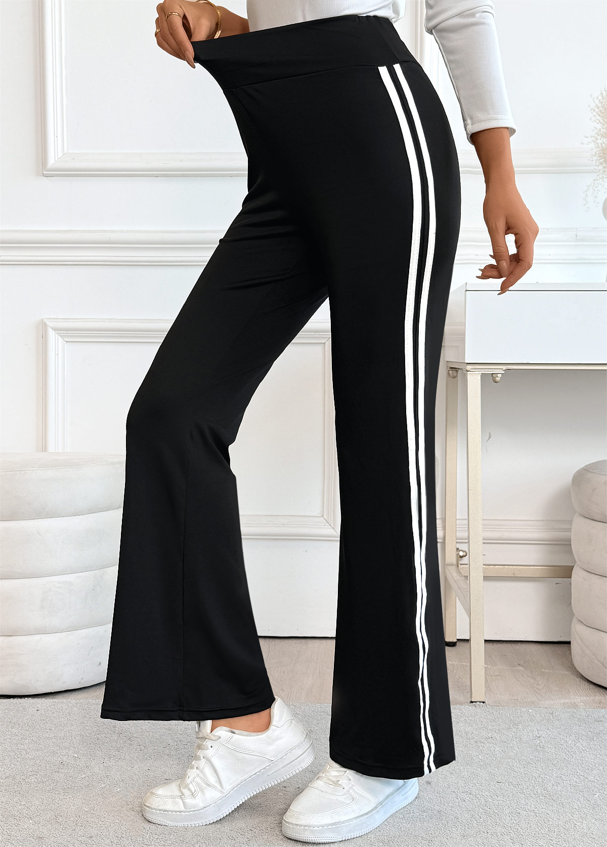 Black Striped Straight Leg Elastic Waist High Waisted Pants | picture 
