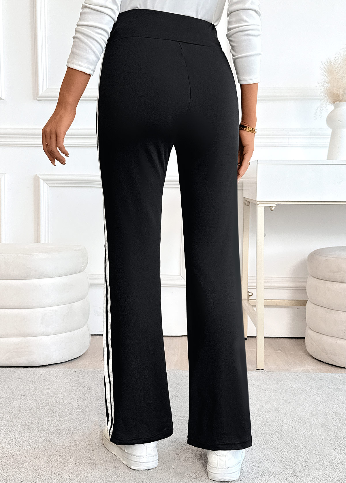 Black Striped Straight Leg Elastic Waist High Waisted Pants | picture 