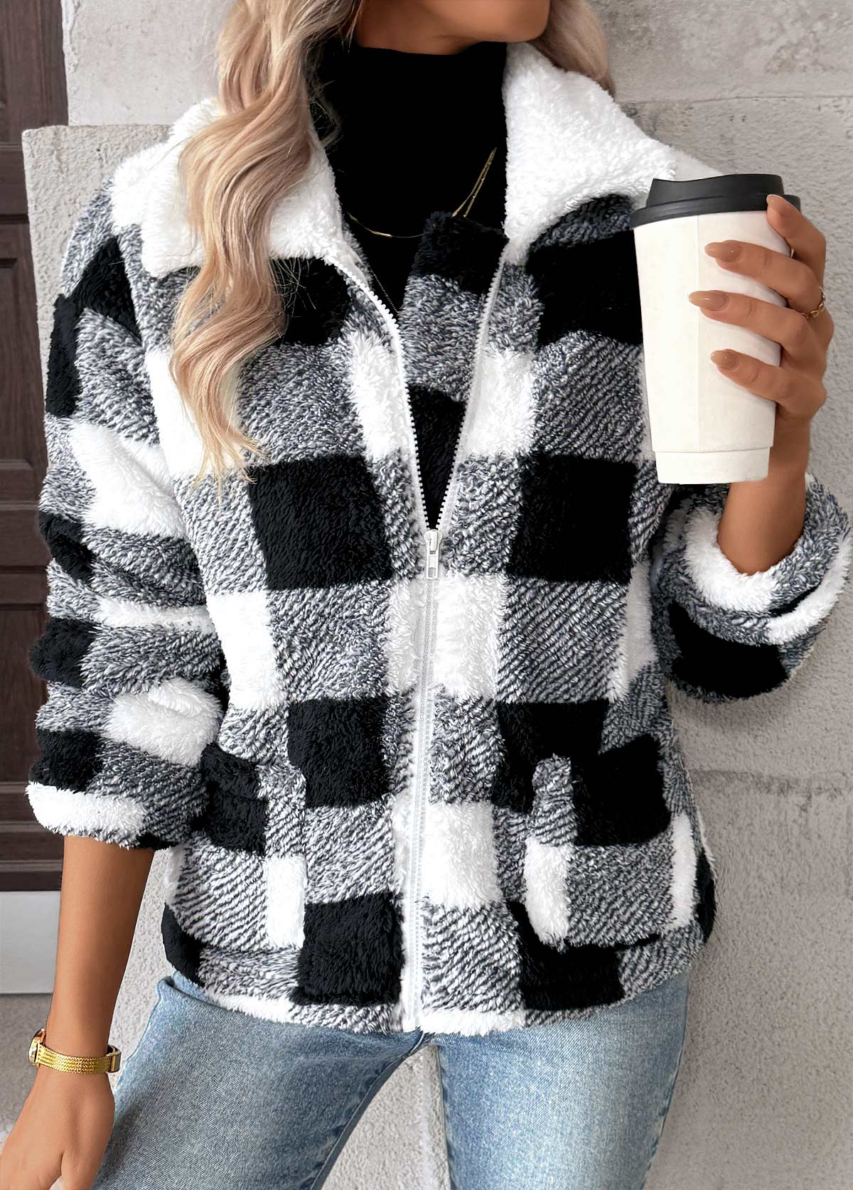 Black Tummy Coverage Plaid Long Sleeve Coat | picture 