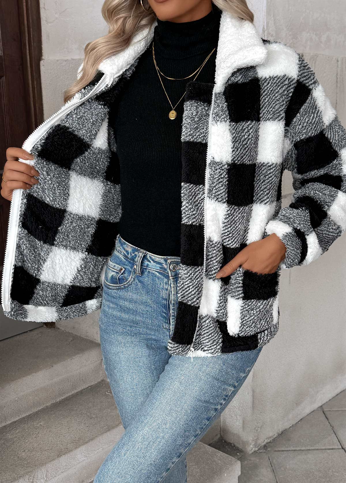 Black Tummy Coverage Plaid Long Sleeve Coat | picture 