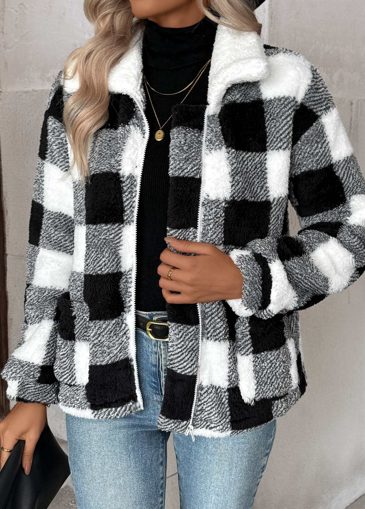 Black Tummy Coverage Plaid Long Sleeve Coat | picture 