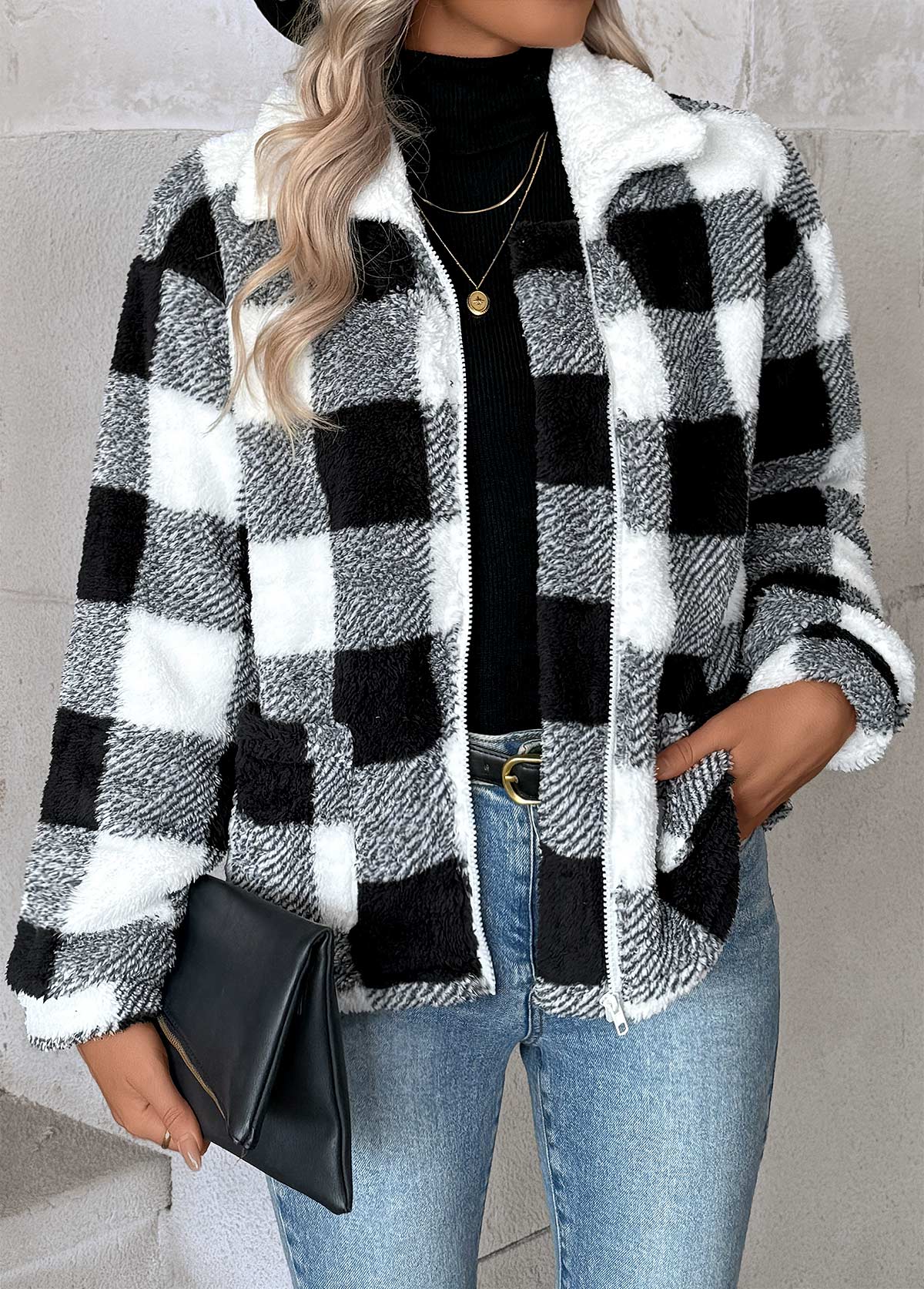 Black Tummy Coverage Plaid Long Sleeve Coat | picture 