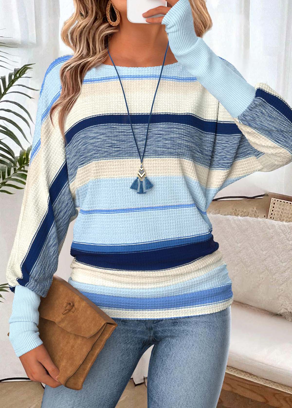 Light Blue Tummy Coverage Striped Long Sleeve T Shirt | picture 
