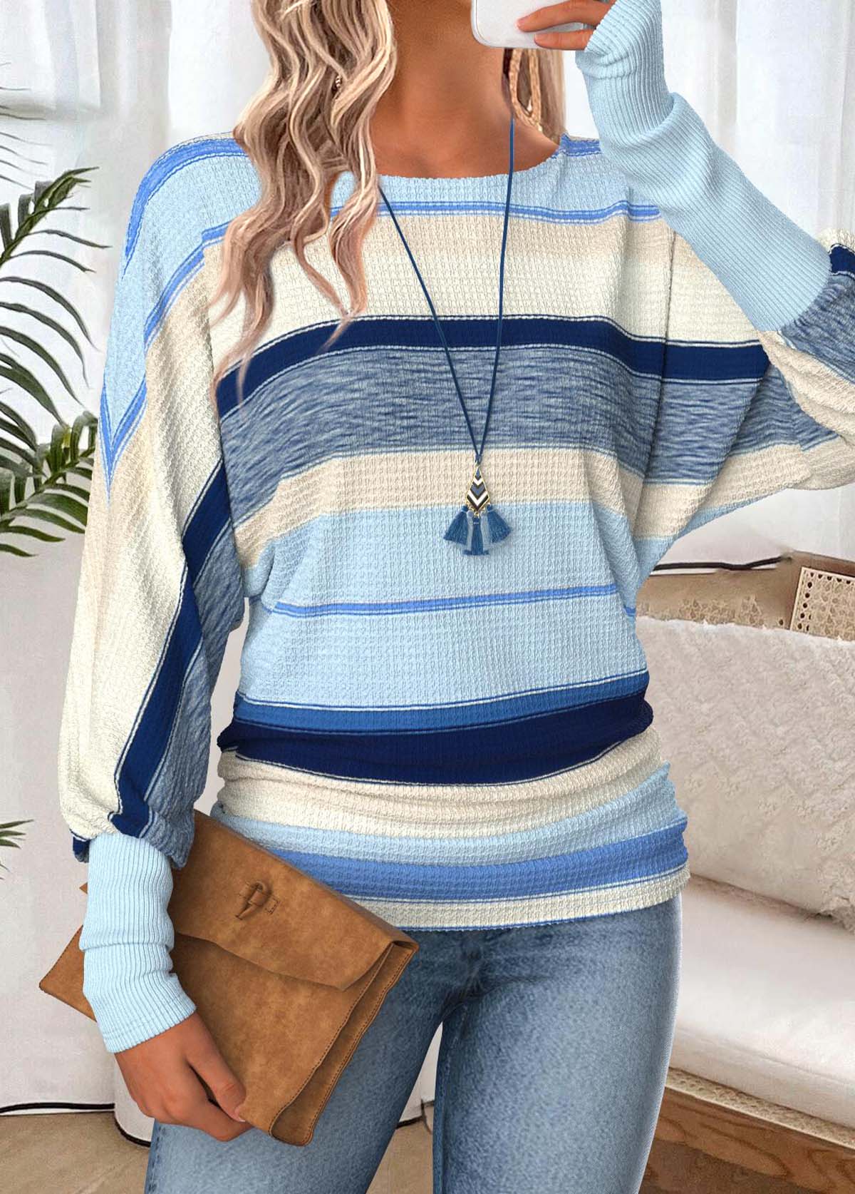 Light Blue Tummy Coverage Striped Long Sleeve T Shirt | picture 