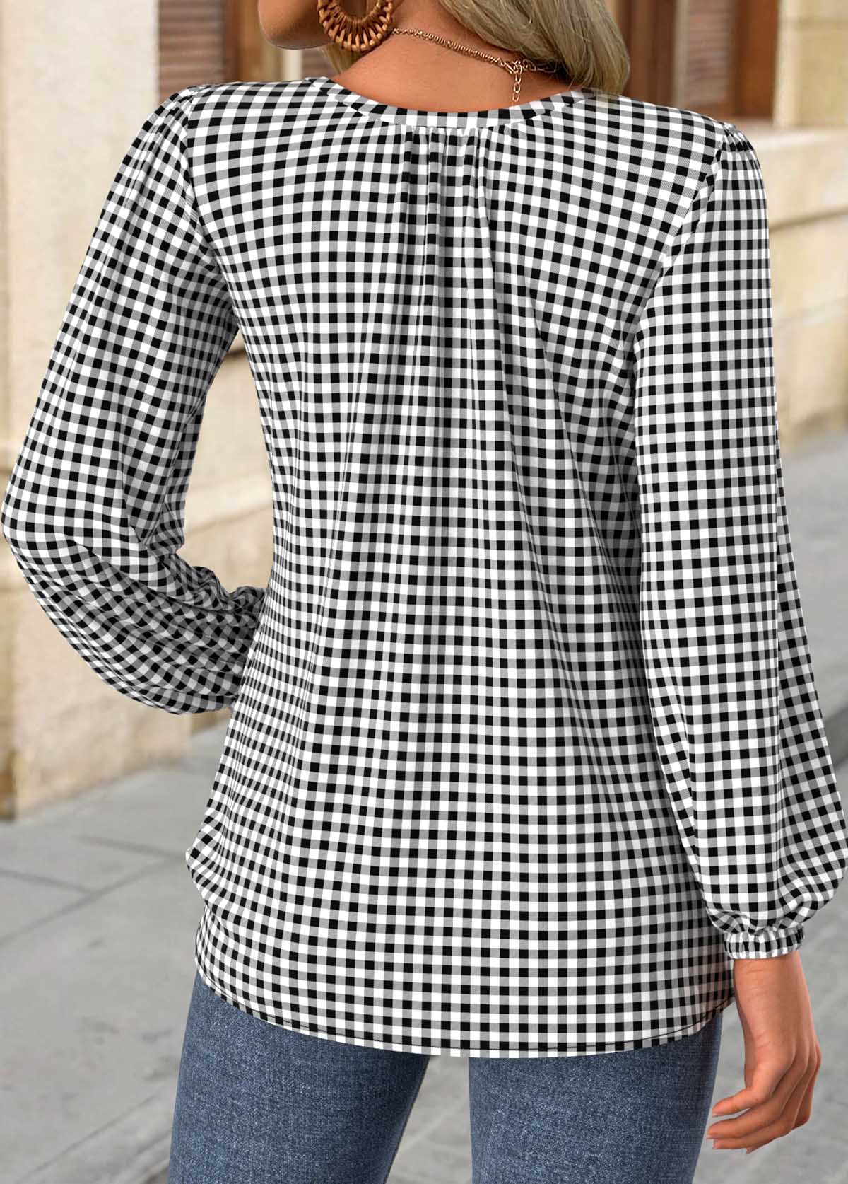 Black Frill Plaid Long Sleeve Round Neck Blouse | picture 