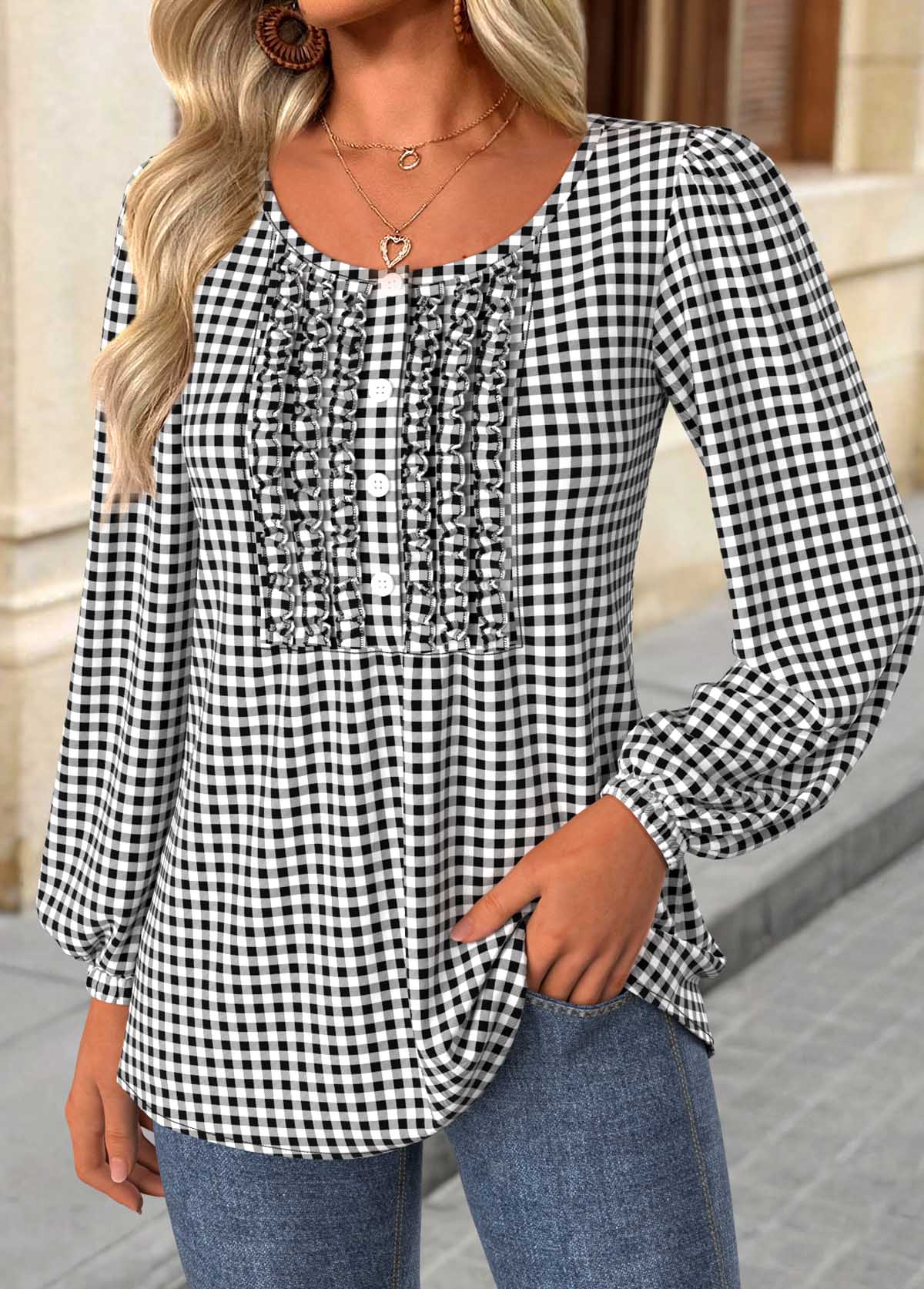 Black Frill Plaid Long Sleeve Round Neck Blouse | picture 