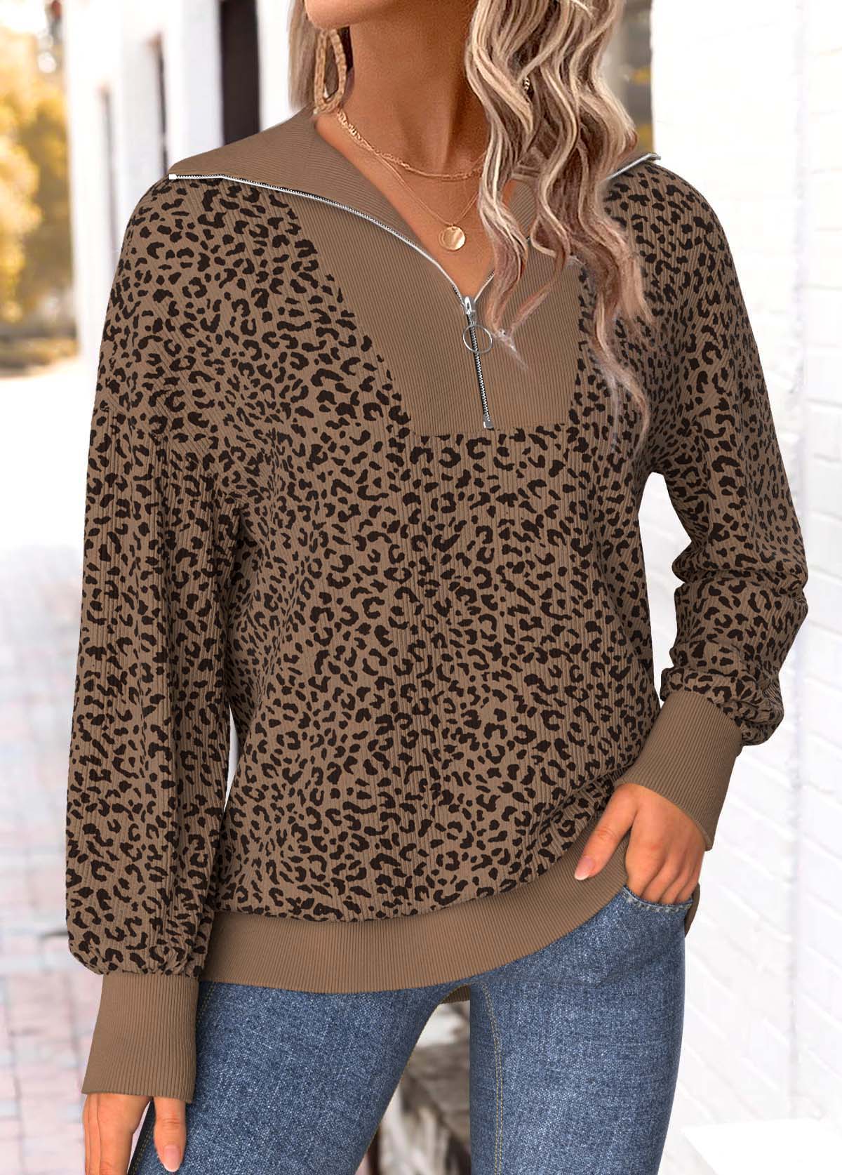 Dark Coffee Zipper Animal Print Long Sleeve Sweatshirt | picture 
