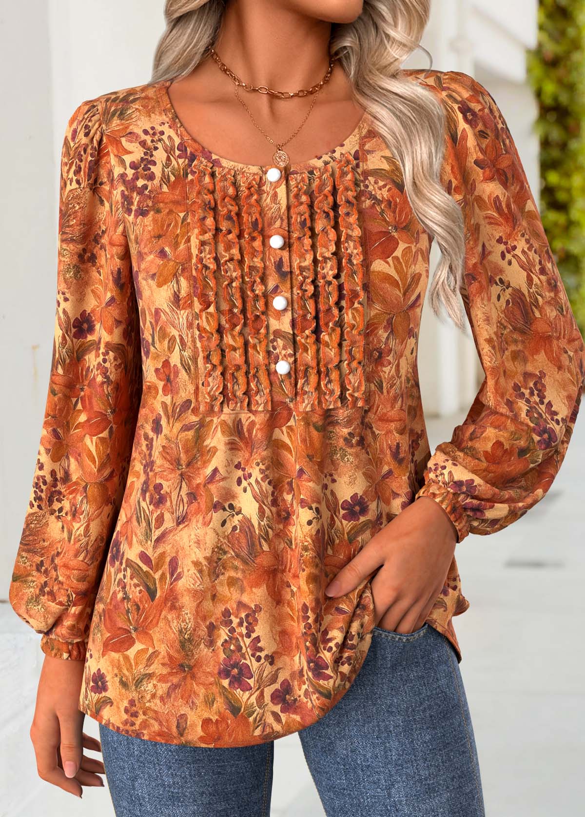 Terracotta Frill Floral Print Long Sleeve Round Neck Blouse | picture 