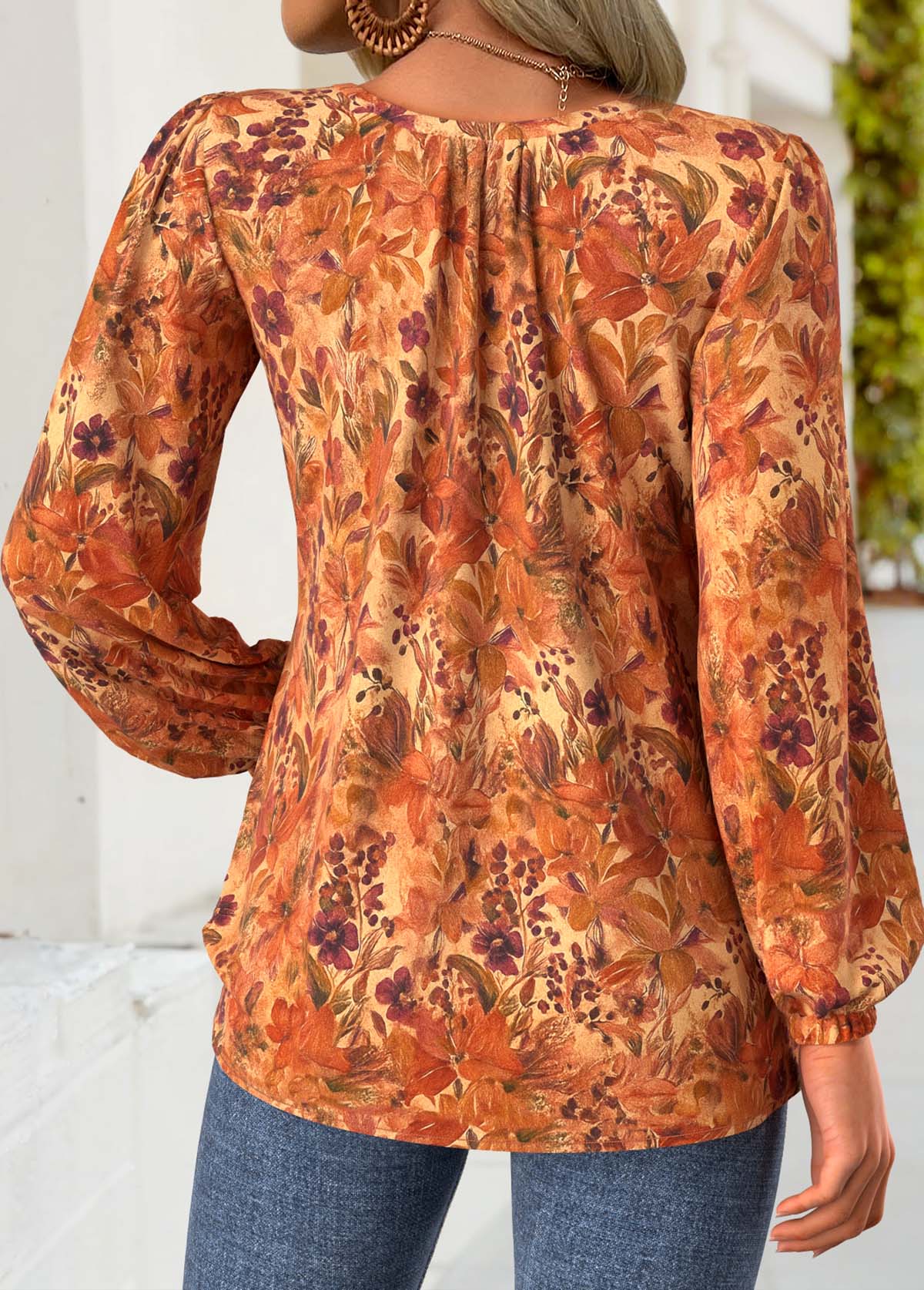 Terracotta Frill Floral Print Long Sleeve Round Neck Blouse | picture 